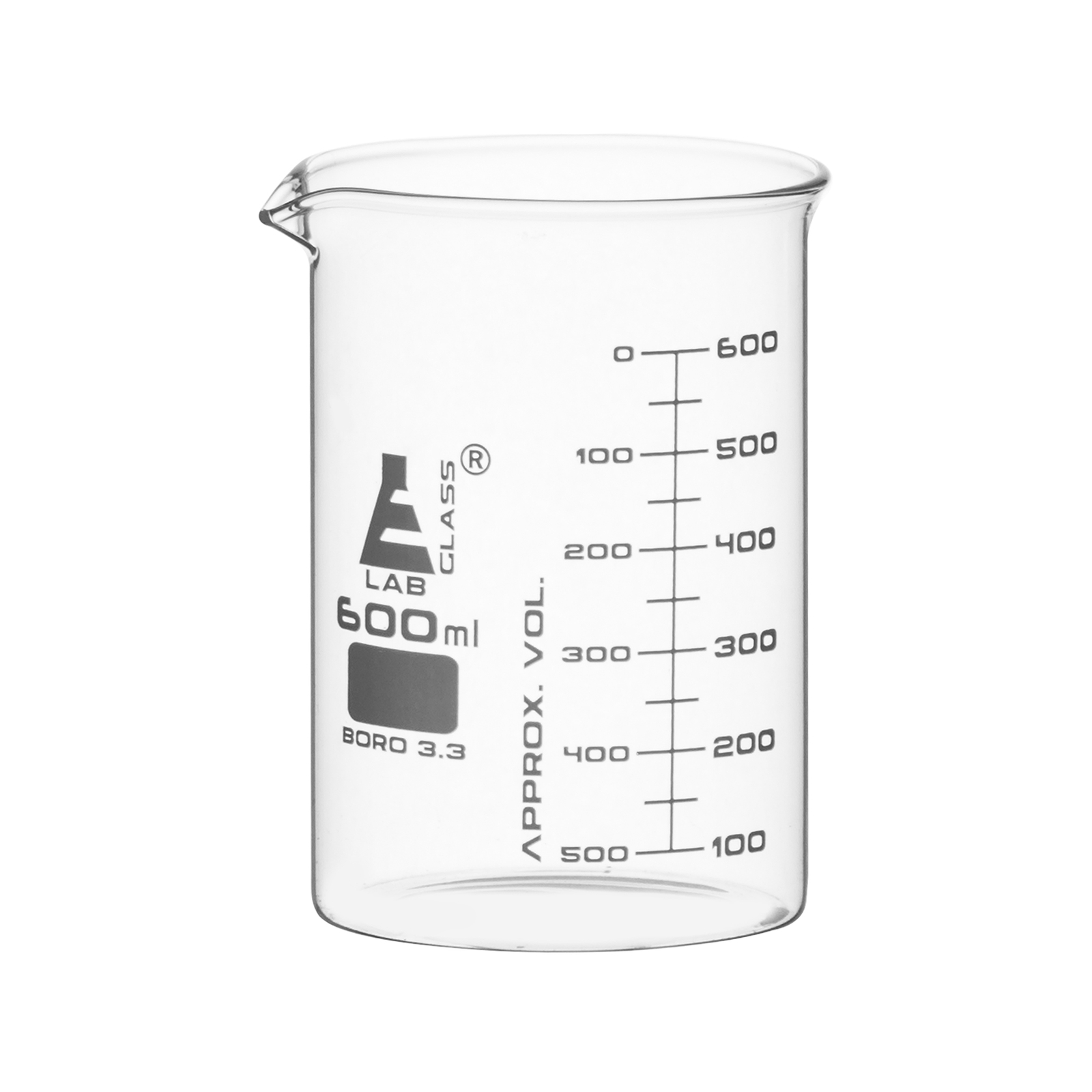 Beaker, 600ml – ASTM – Low Form – Dual Scale – Borosilicate Glass – Eisco Labs