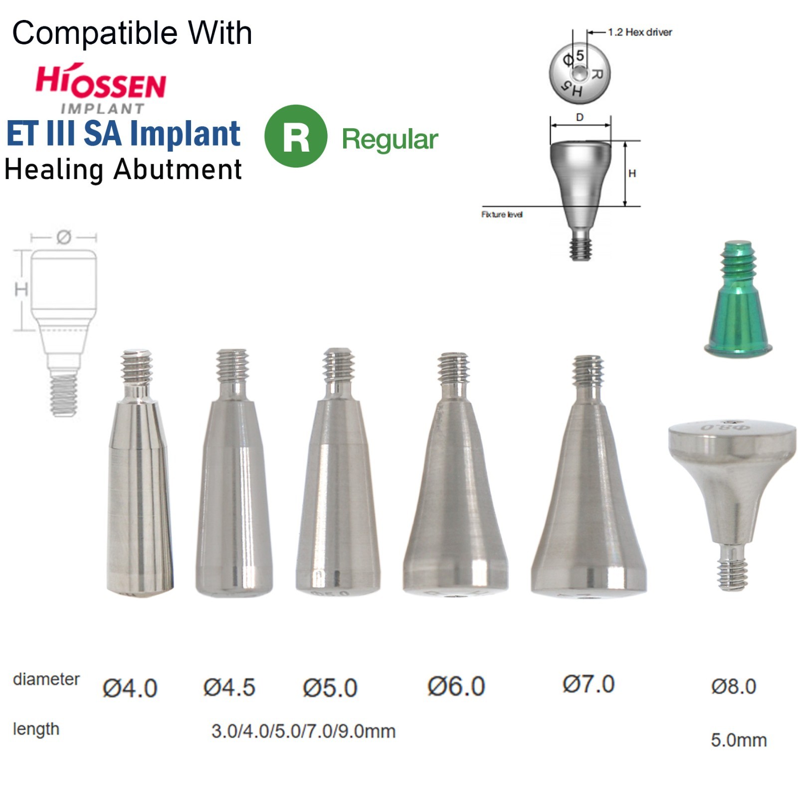 Regular Conical Connection Healing Cap Abutment 3-9mm Height Fits Hiossen Osstem