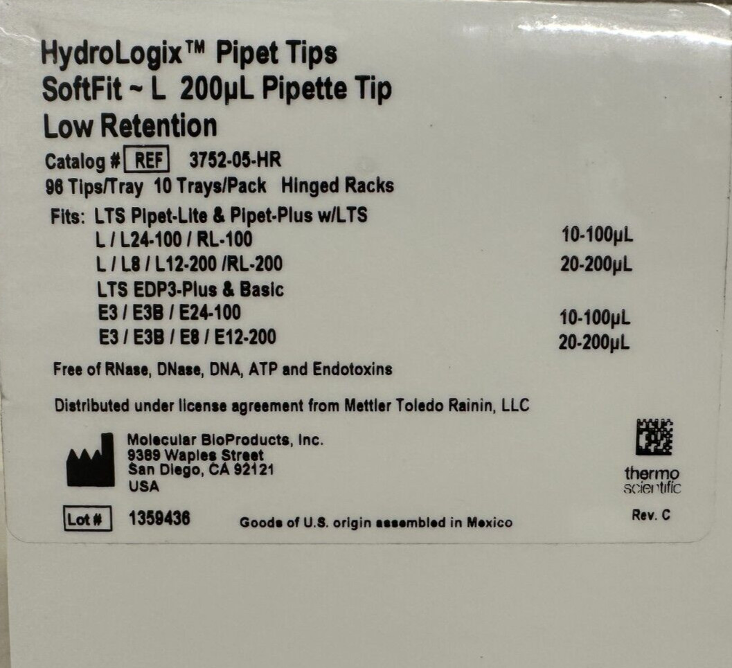 Thermo Scientific Model #3752-05-HR HydroLogix 200ul Pipet 96 Tips 10 Trays New