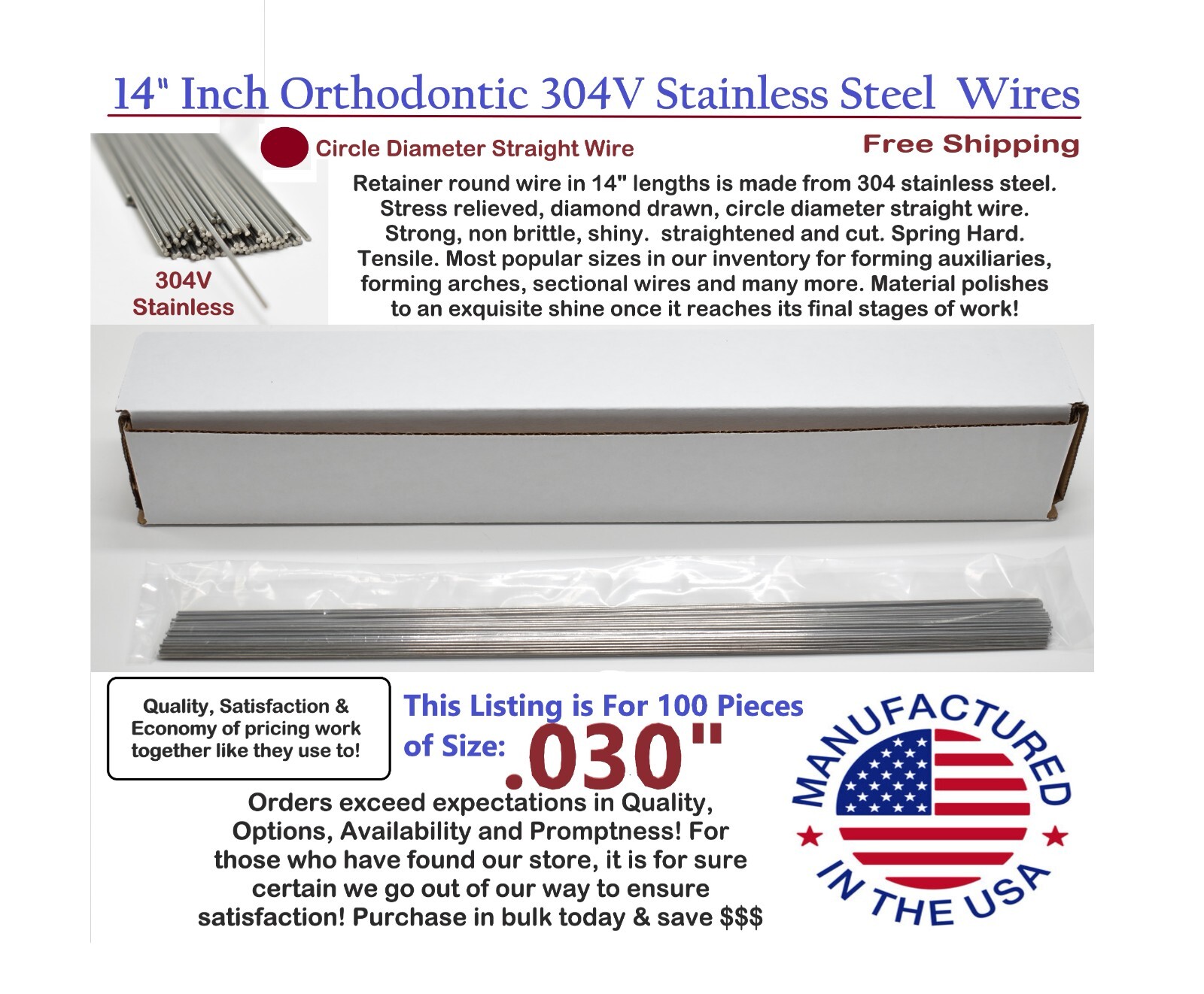 Orthodontic Stainless Steel Straight Lengths .030″ Wire SS 14» Lengths 100 Pack
