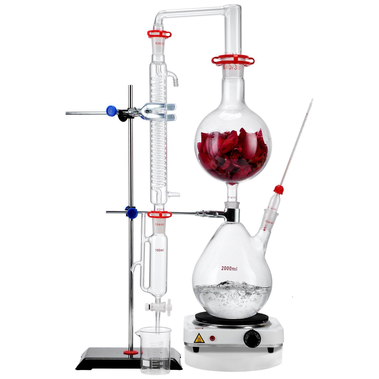 2000ml 3.3x Boro Glass 1000W Heater 24/40 Joint 28-Piece Distillation Kit