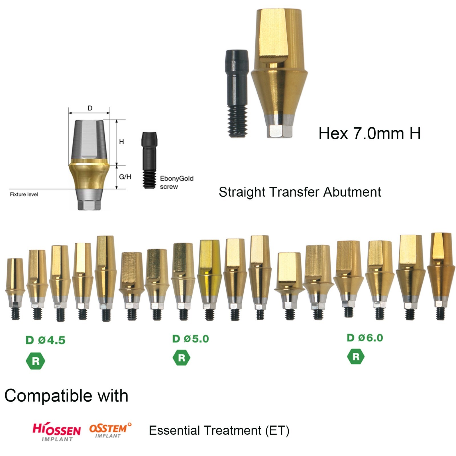 Dental Titanium Cemented Straight Abutment Fit Hiossen ET Regular Hex Platform