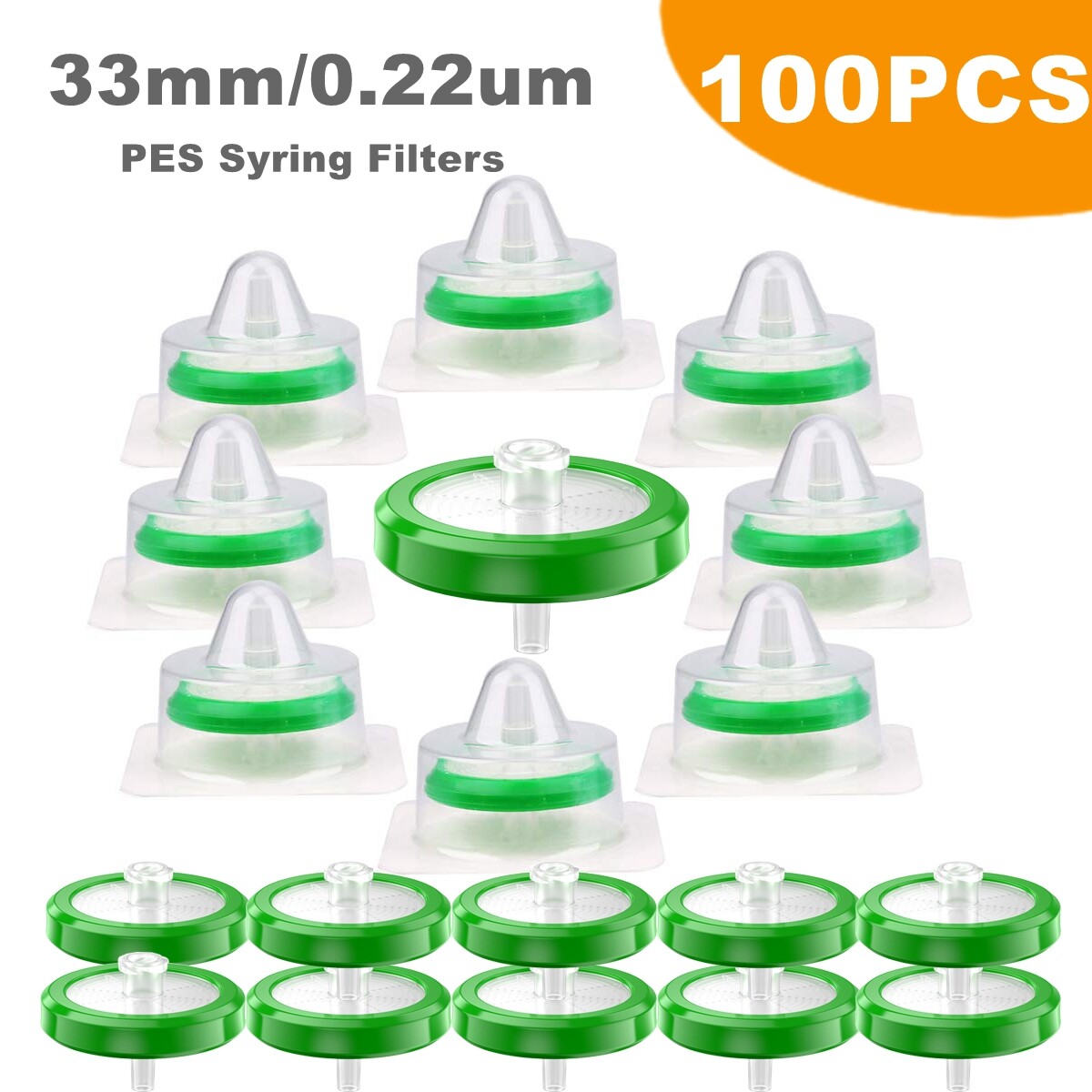 100pcs MS Sterile PES Syringe Filter 33mm 0.22 Micron Pore Size Hydrophilic HPLC