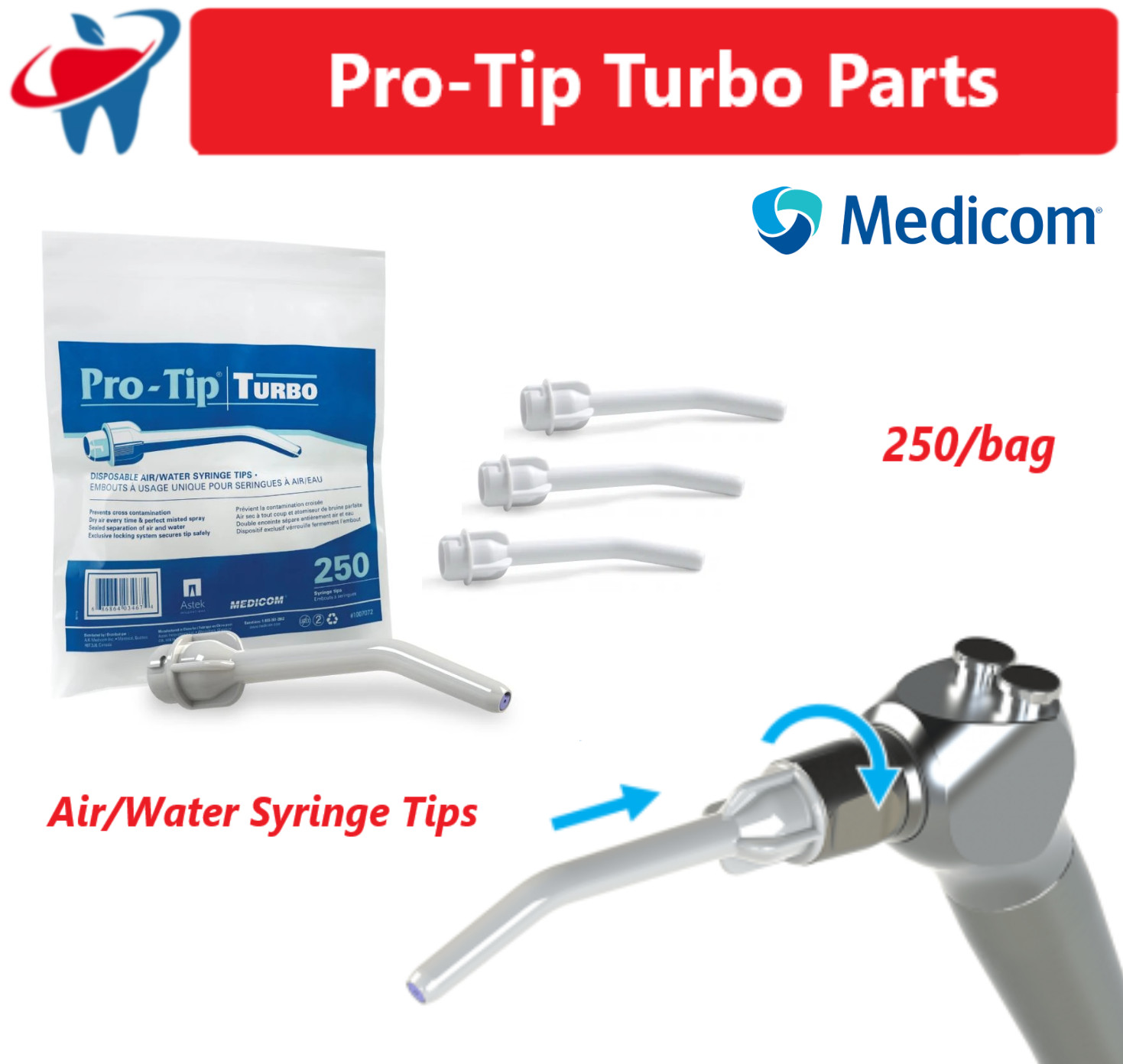 Dental MEDICOM Pro-Tip Turbo AW Syringe Tips, DCI Converter or Adec Converter