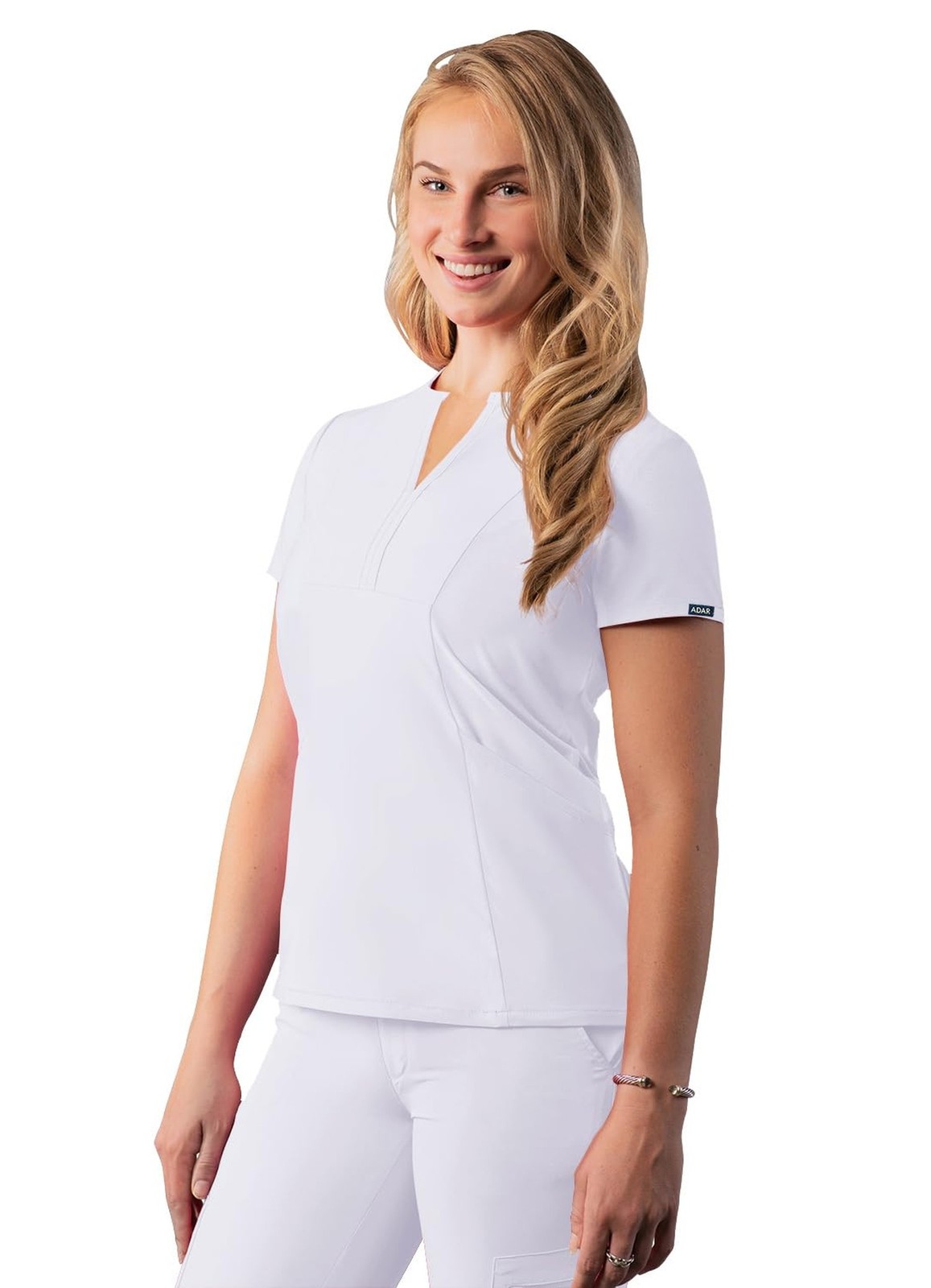 Adar Addition Scrubs for Women – Notched V-Neck Scrub Top Small White