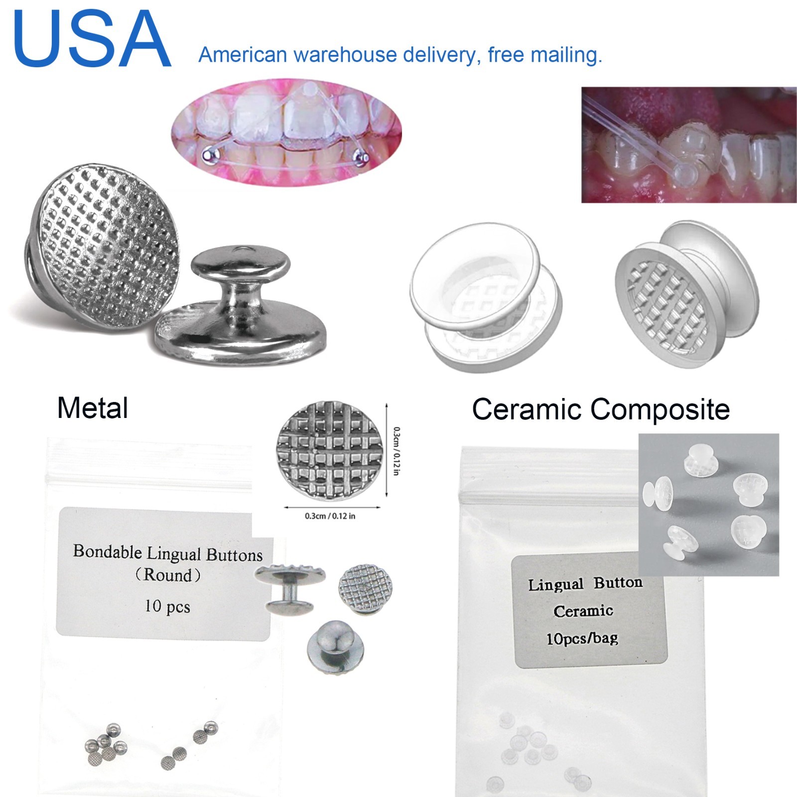 US Dental Ortho Lingual Buttons Bondable Round Mesh Base Metal/Ceramic Composite