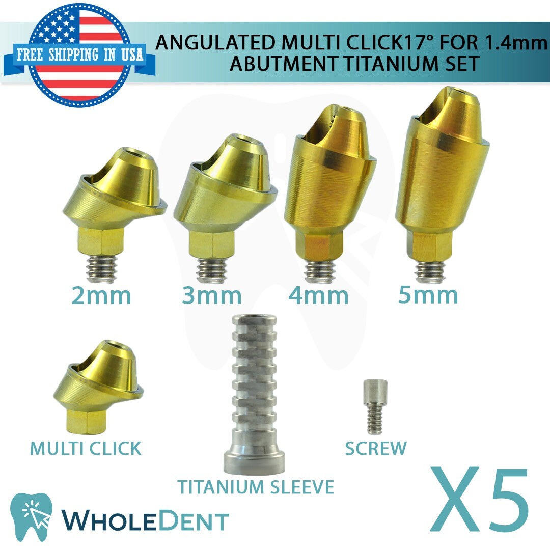 5x Angulated 17° Multi Unit 1.4mm Prosthetic Titanium Sleeve Set Int Hex 2.42mm