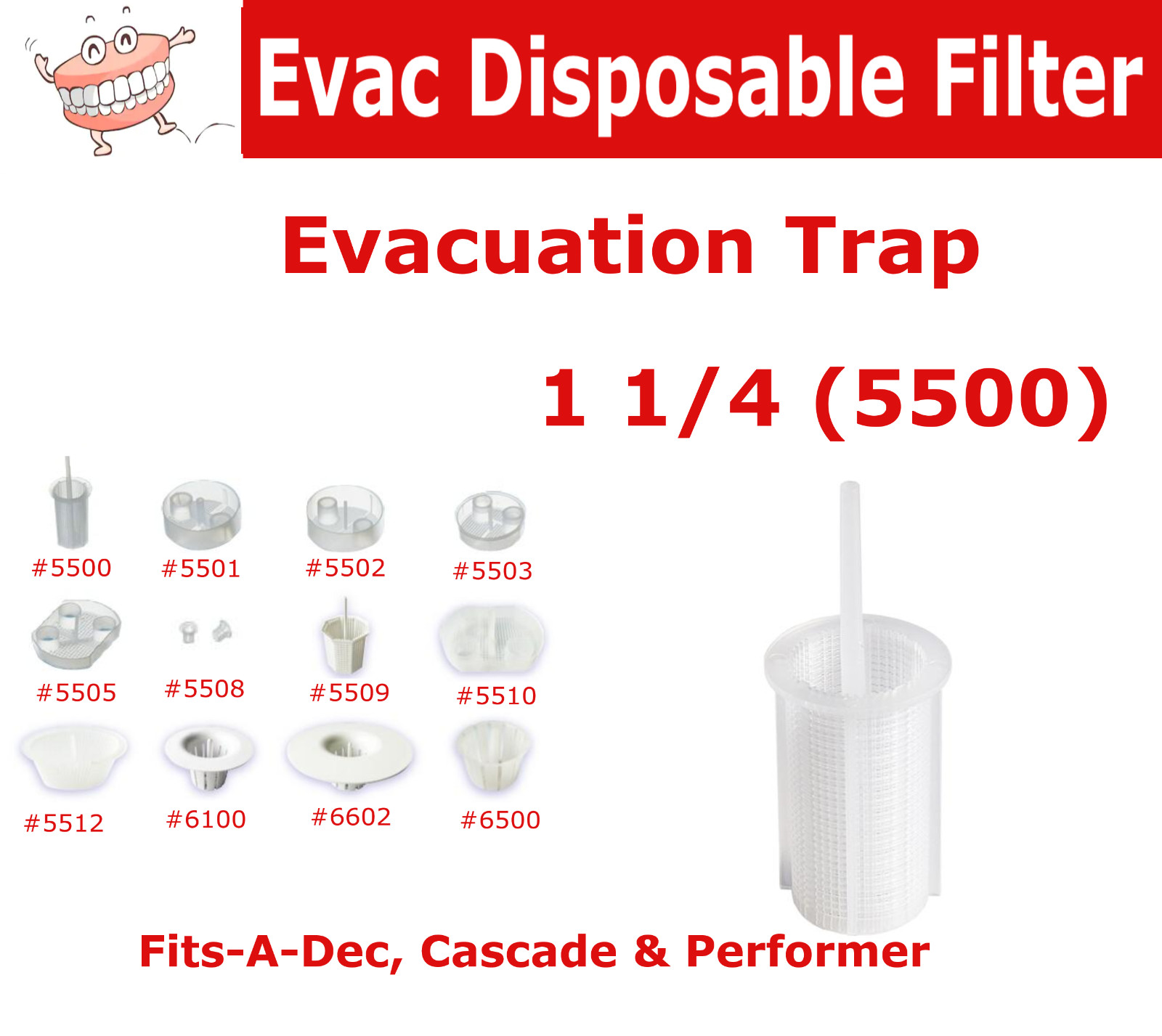 Dental Evacuation Trap 1 1/4 White, Model 5500 Fits A-Dec, Cascade & Performer