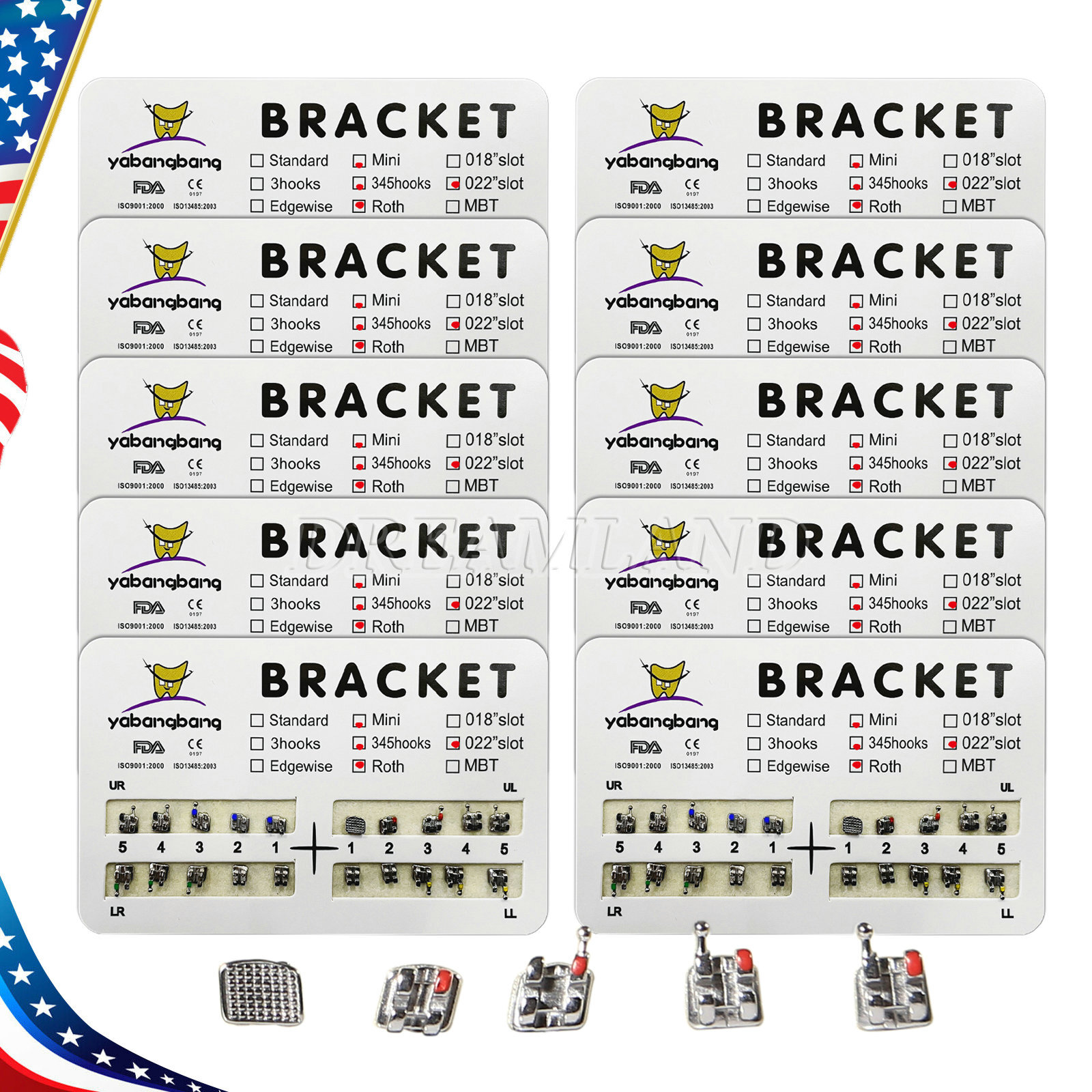 10 Kits Dental Orthodontic Brackets Braces Mini Roth Slot.022 3-4-5 Hook FDA CE