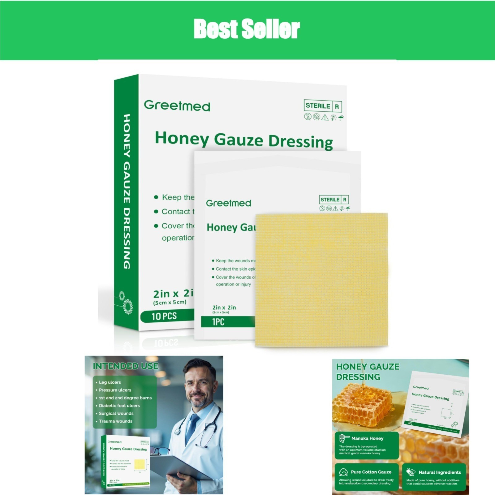 Greetmed Honey Gauze Dressing 2″ x 2″ Sterile Wound Care – Pack of 10