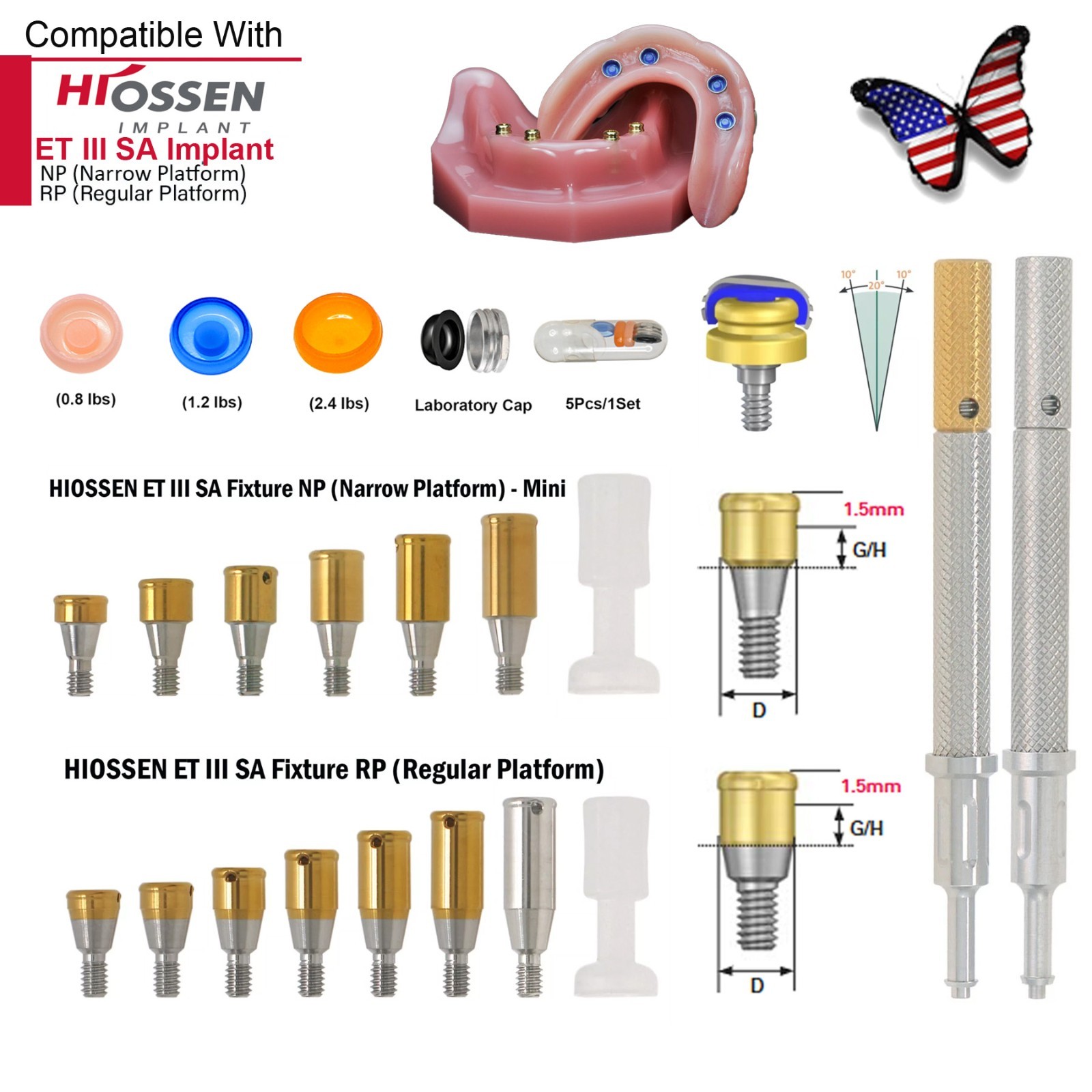 Hiossen ET Locator Overdenture Abutment Male Cap fit Osstem Mini/Regular Dio 3.7