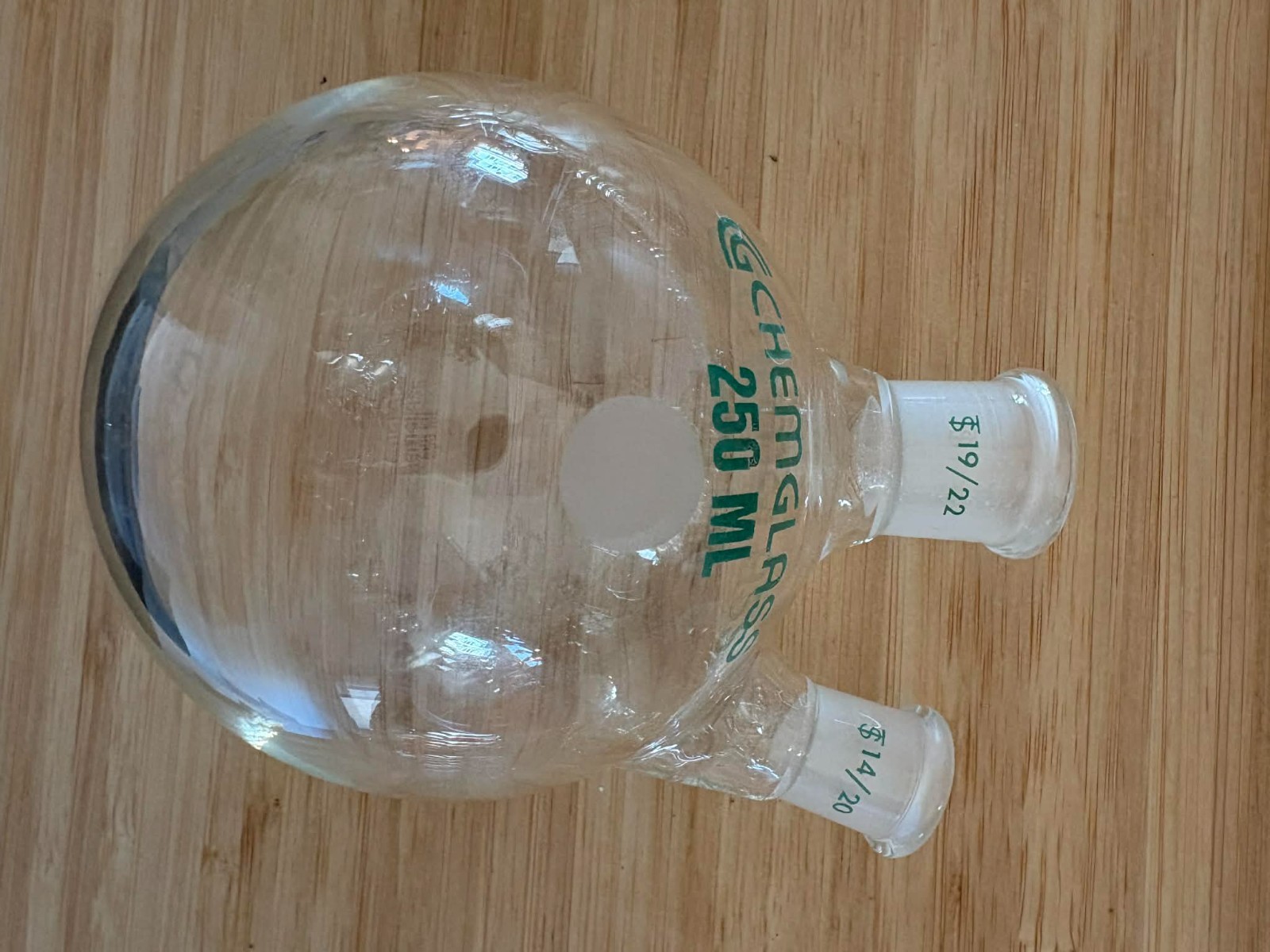 2-Neck 250 mL Round Bottom Flask Chemglass Borosilicate Glass (19/22 & 14/20)