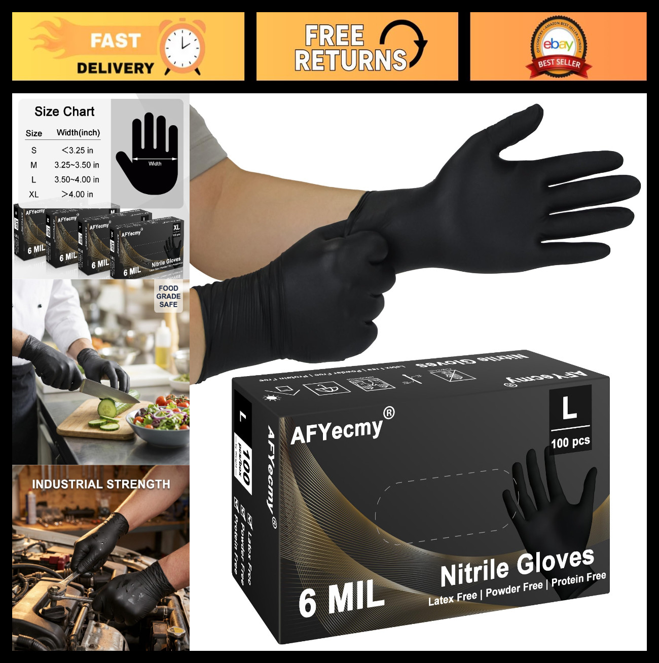 Heavy Duty Disposable Nitrile Gloves, Chemical Resistant, Food Safe, 100 Count,