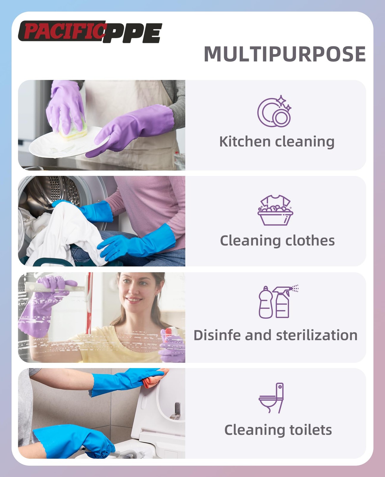 PACIFIC PPE Reusable Dishwashing Gloves, Latex Free, Cotton Lining, Blue, M