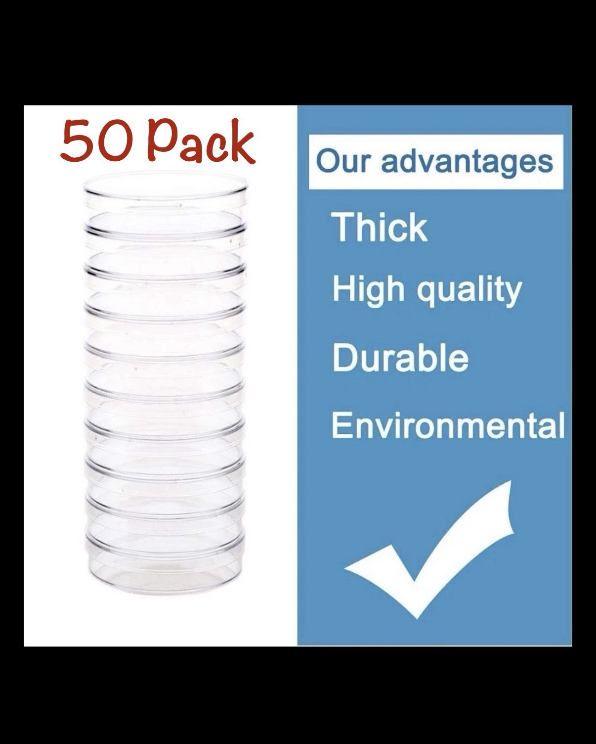 50 Pack Sterile Plastic Petri Dishes Lids 60mm Dia X 15mm Deep Vents Culture Lab