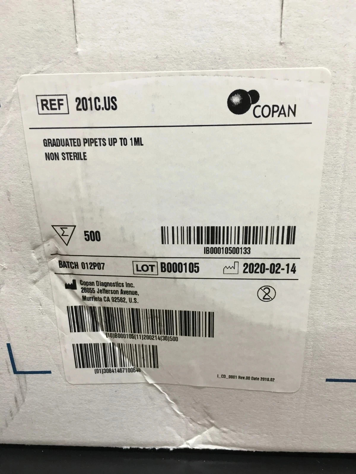COPAN REF 201C Disposable Transfer Pipets Graduated 1mL Non Sterile