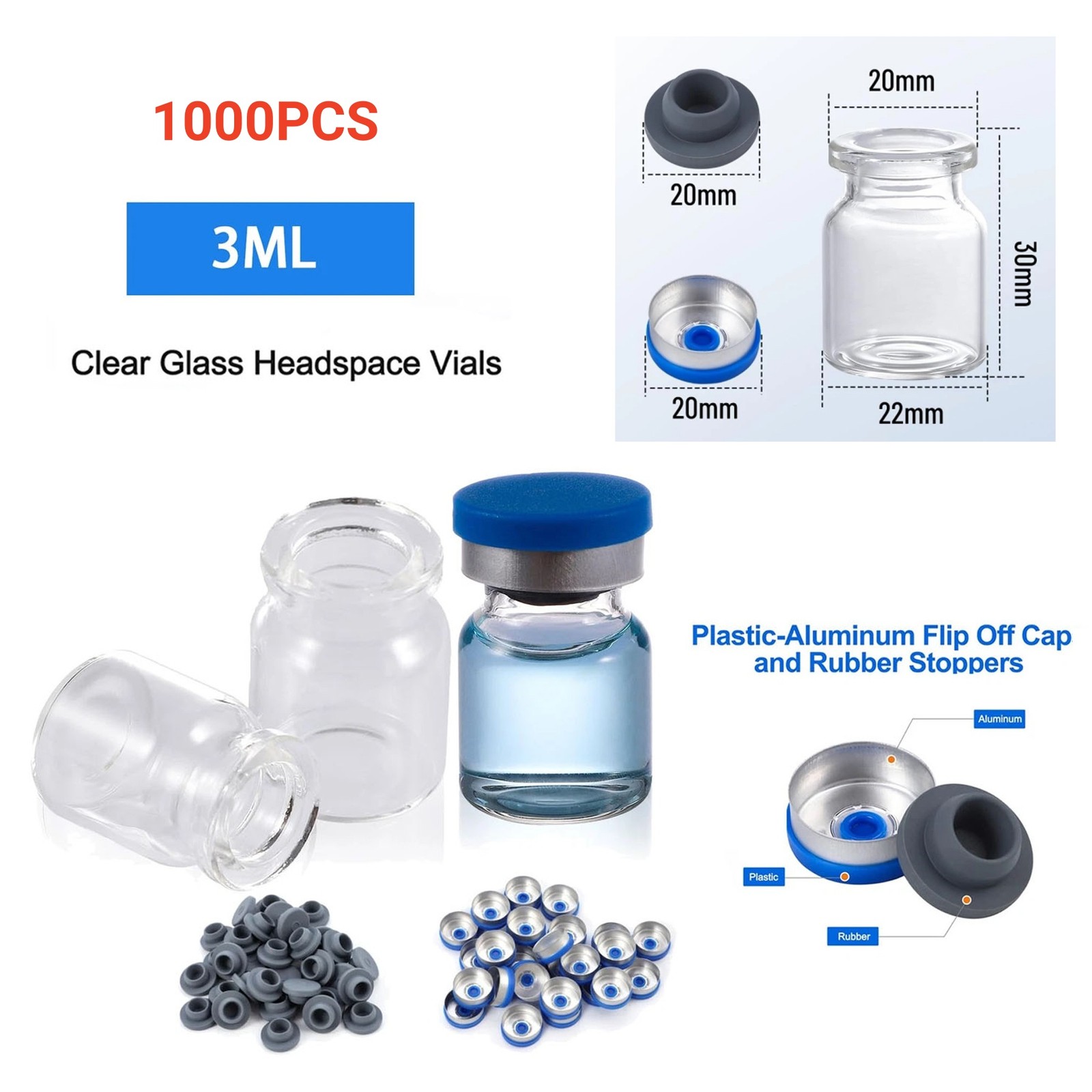 1000PCS 2/3/5/10/20ml Glass Vials Headspace Vials Lab Vials w/ Caps Sample vials