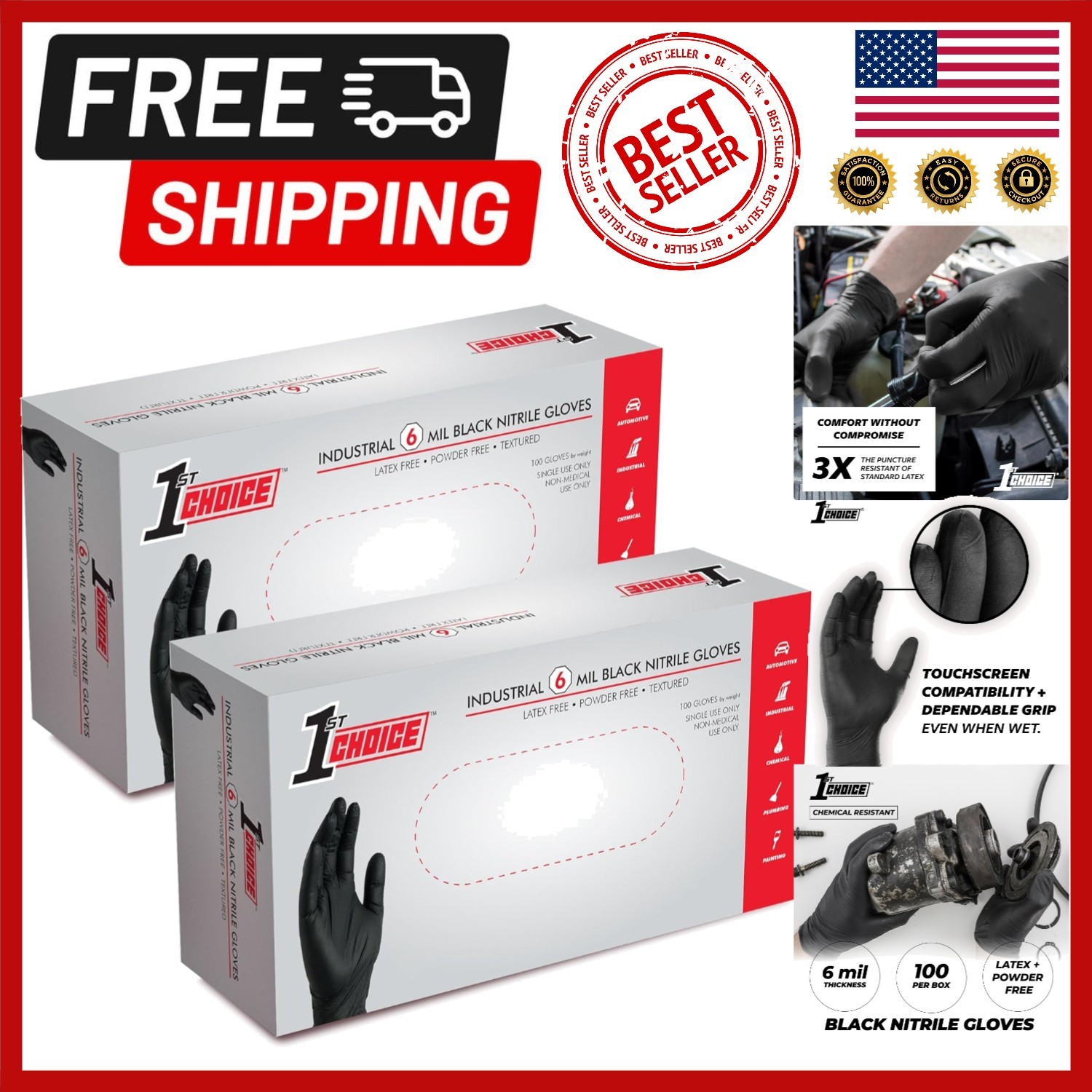 Large Black Nitrile Disposable Gloves – Latex-Free, Textured Grip, 6 Mil (200…