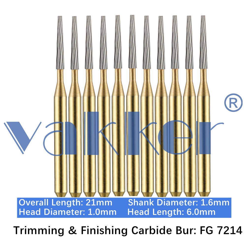 10-100pcs Vakker Dental Trimming Finishing Carbide Burs Gold Taper Burs FG 7214
