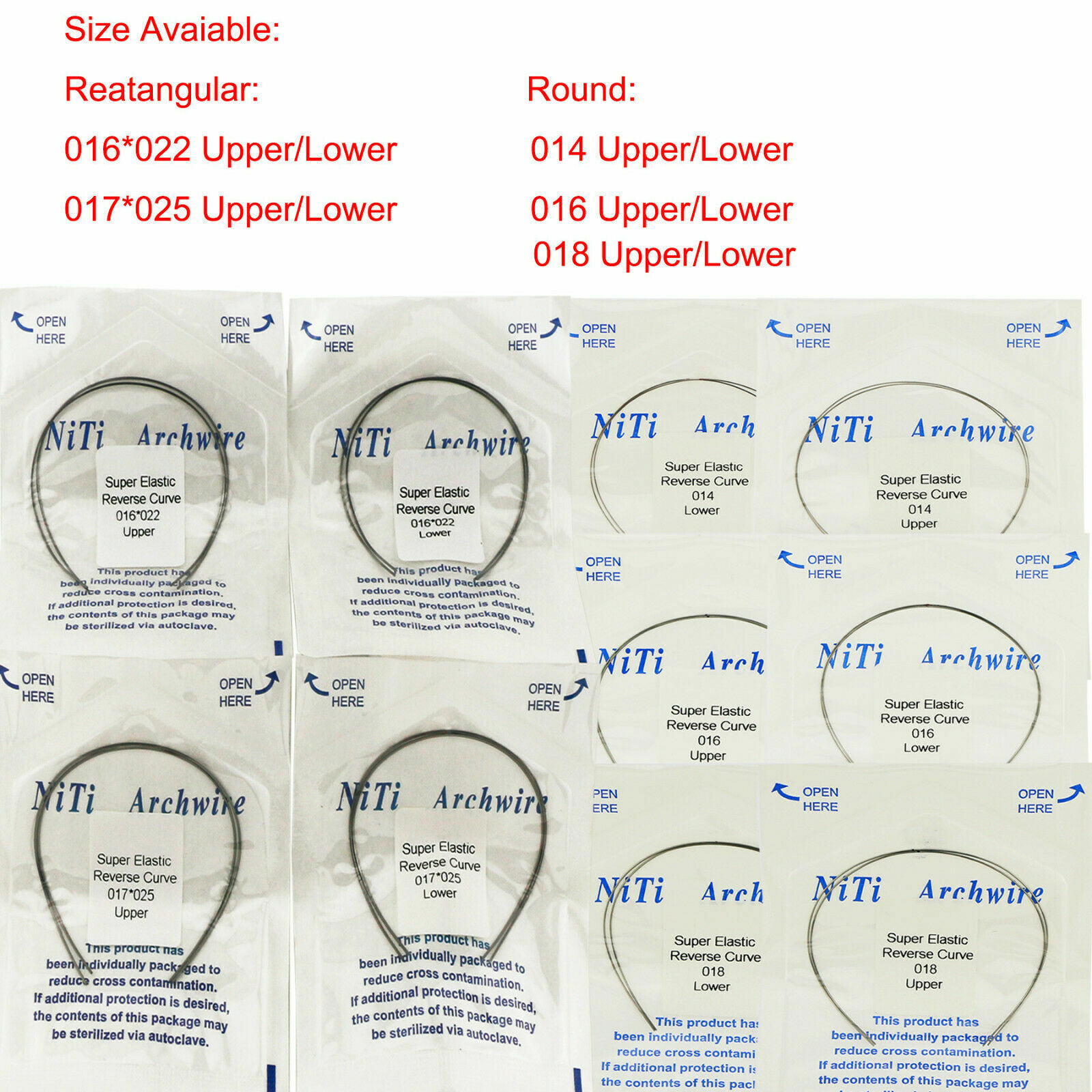 Dental Orthodontic Niti Arch Wire Reverse Curve Round/Rectangular Upper/Lower