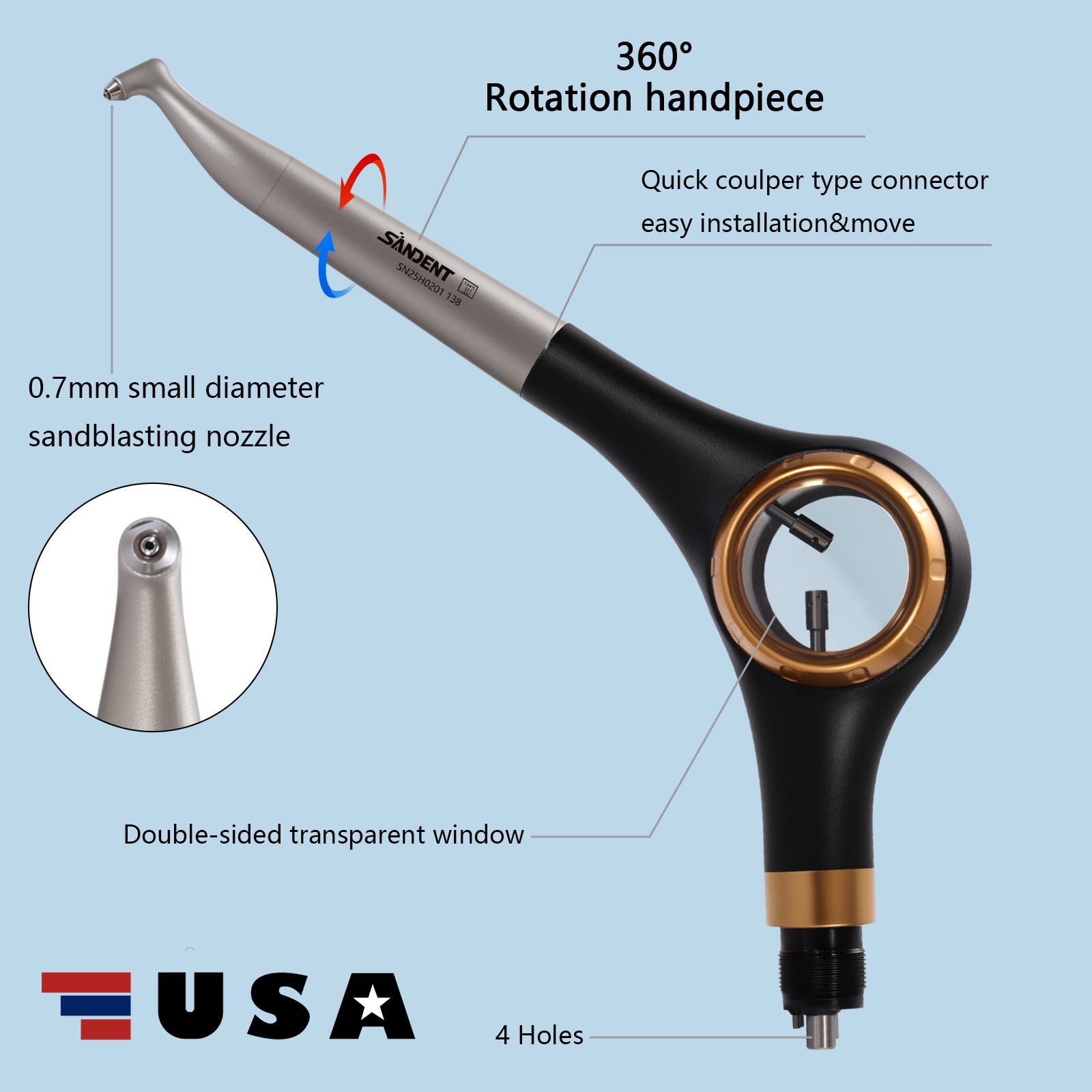 SANDENT Dental Air Flow Prophy Air Polisher Supra Handpiece 4 Holes