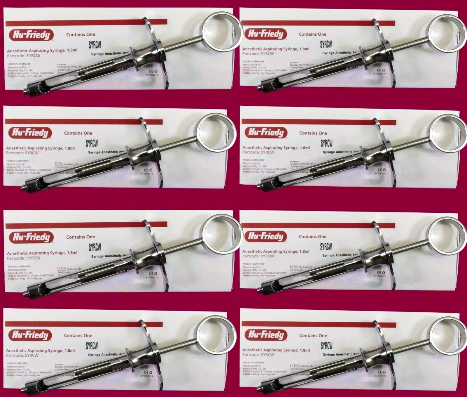 8Pcs Hu-Friedy CW Style Dental Anesthetic Aspirating 1.8ml Syringe SYRCW