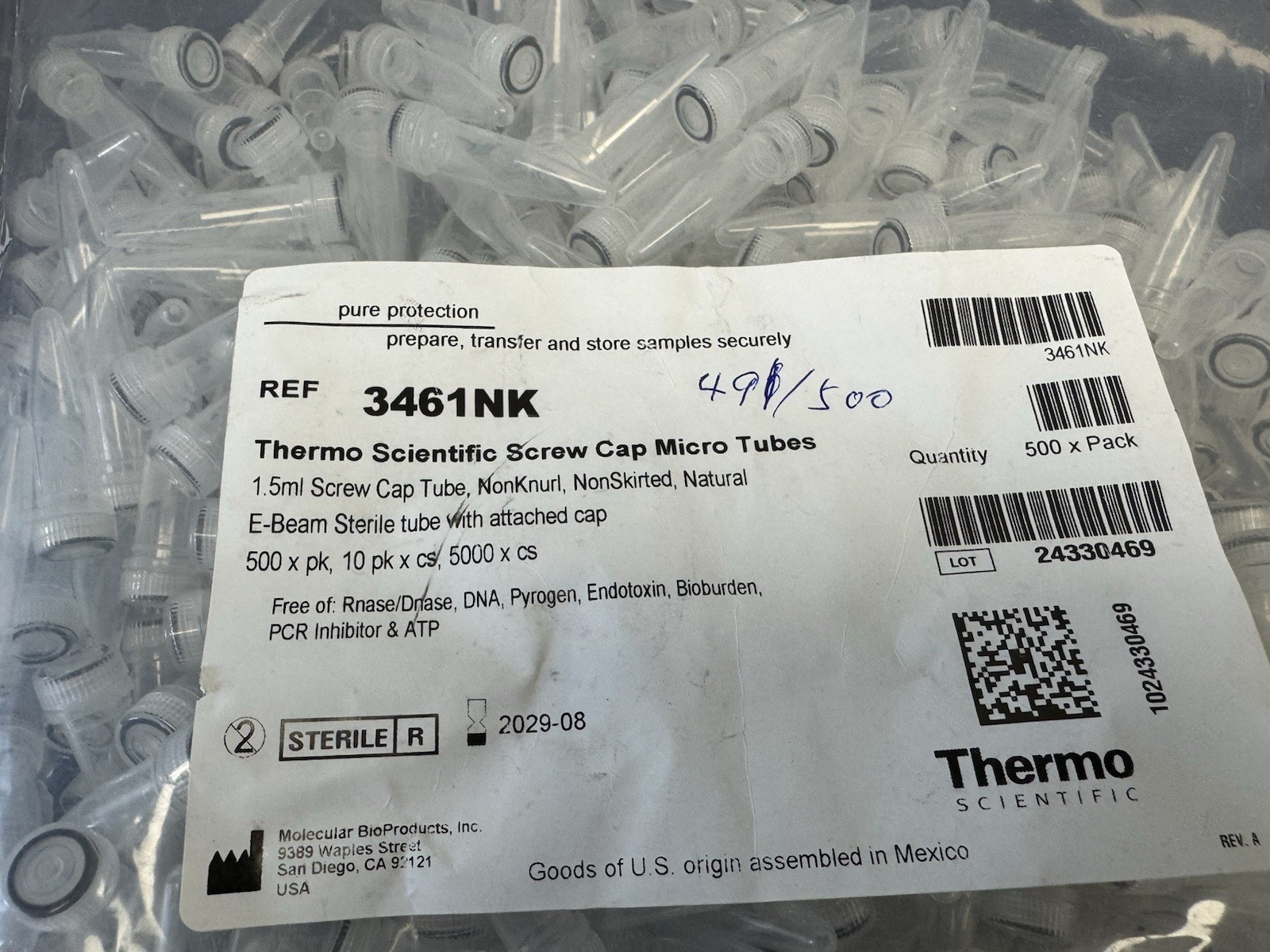 Thermo Scientific Screw Cap Micro Tubes 1.5 ml, 3461NK, 490/tubes
