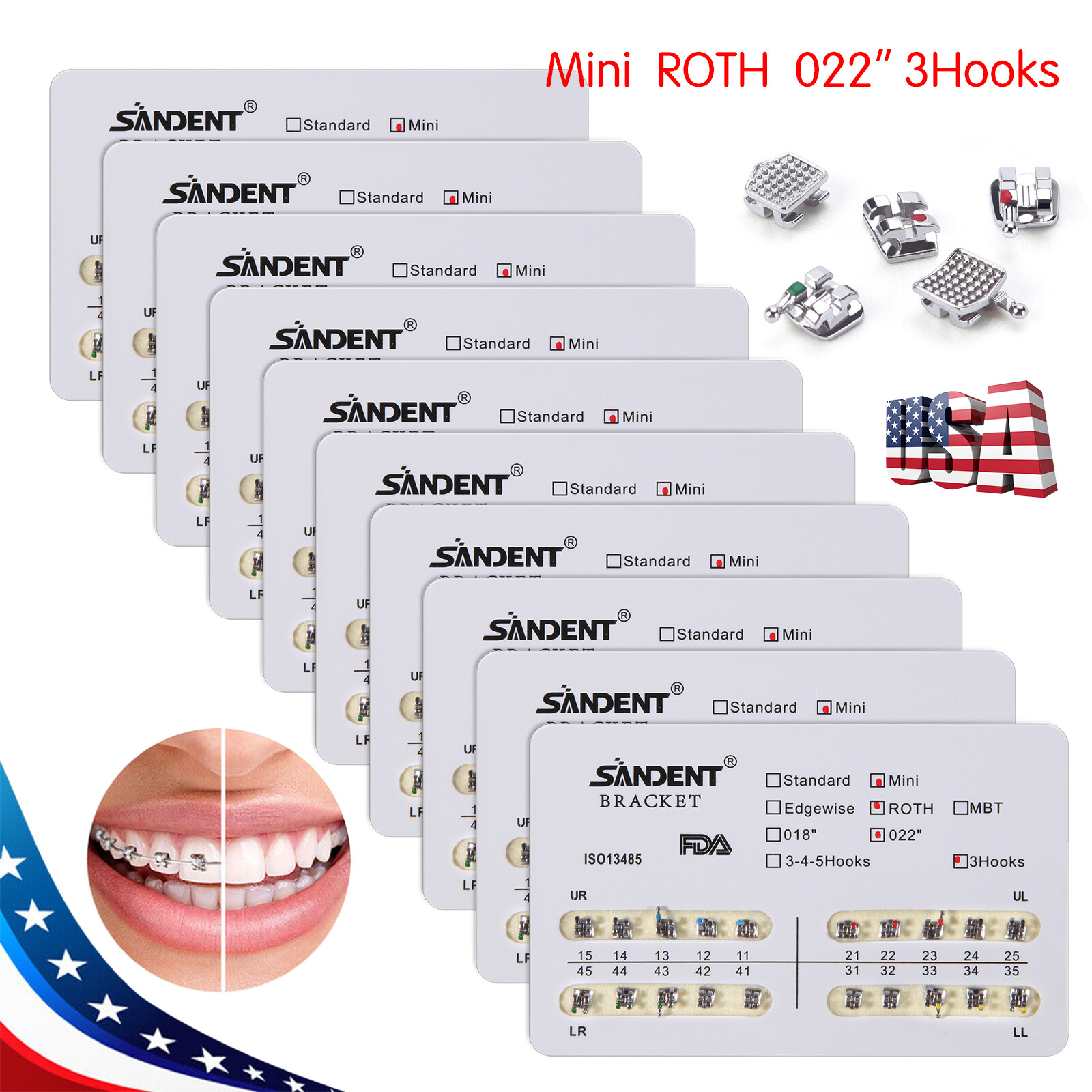 10 packs USA Dental Orthodontic Metal Bracket Braces Mini Roth 022 Slot 3 Hooks
