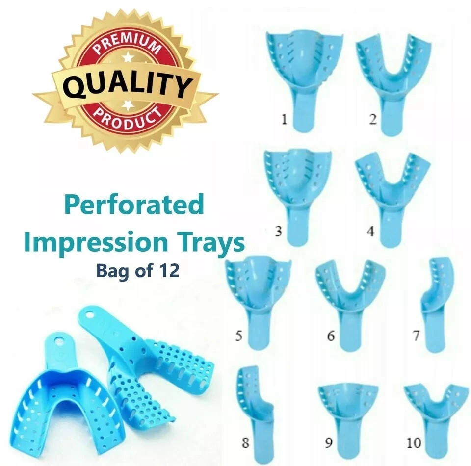 12Pcs Dental Impression Trays Perforated Trays Blue Disposable Plastic 10 Size