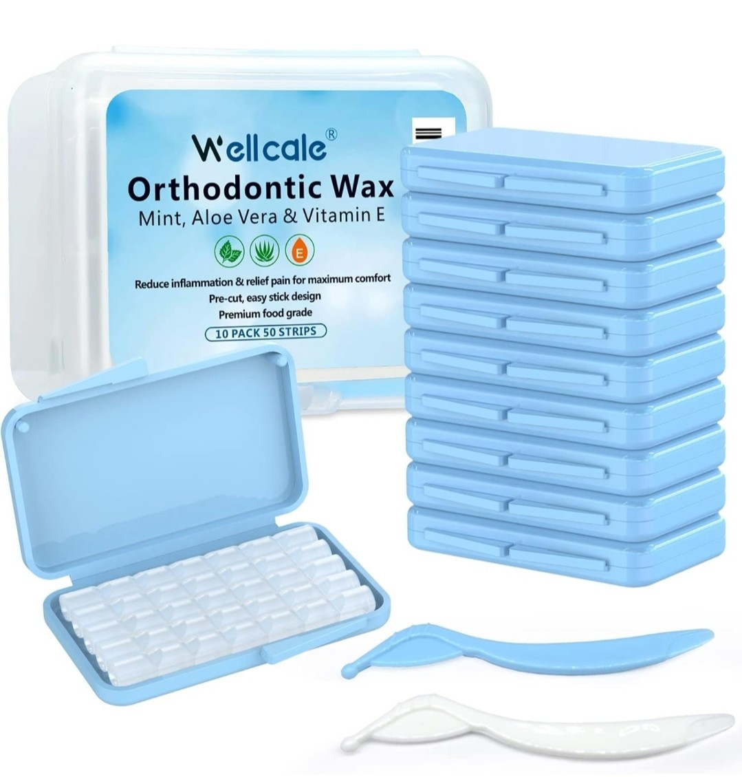 Braces Wax, 10 Pack 50 Precut Strips 350+ Dots, Blue Cases. Includes Storage Box