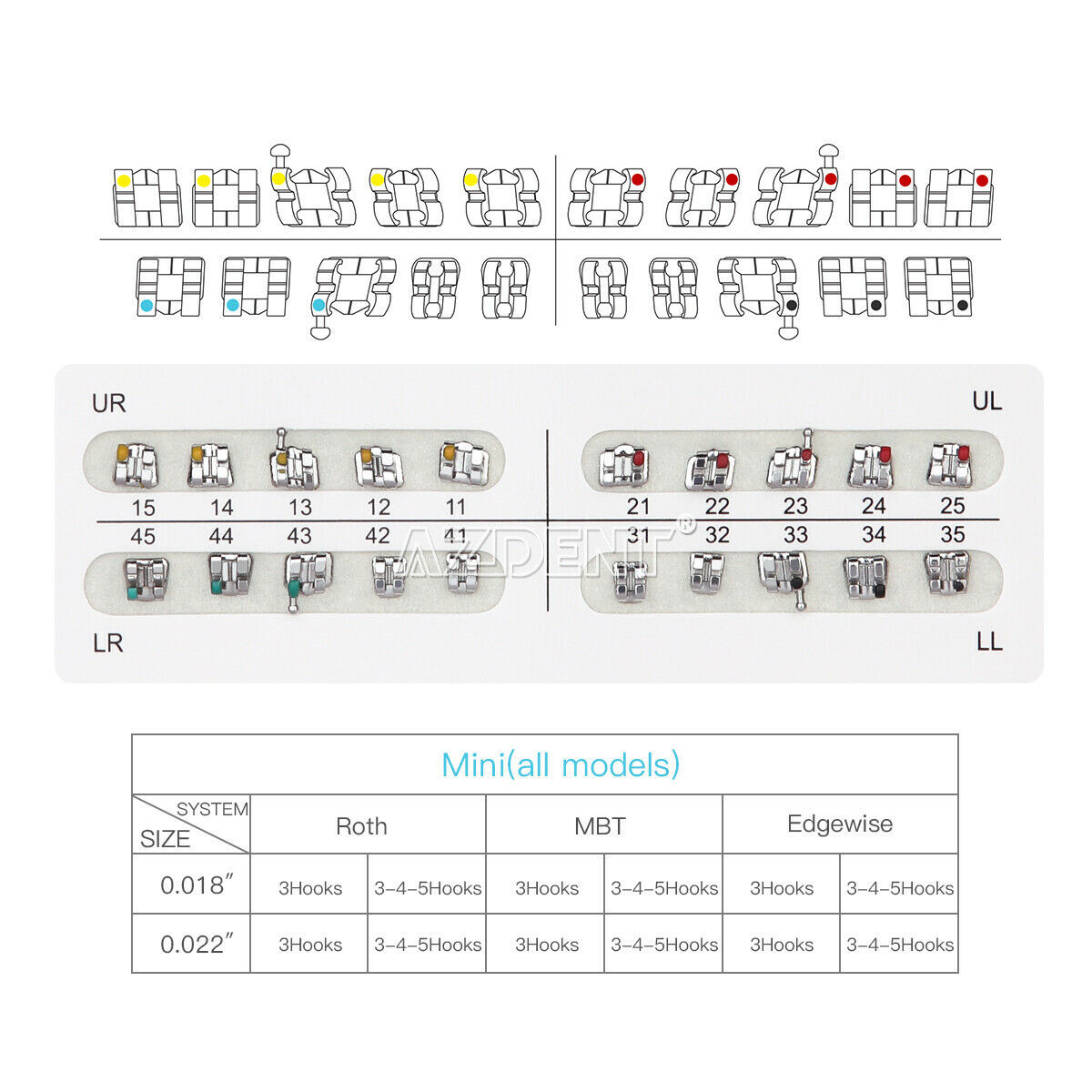 AZDENT Orthodontics Dental Brackets Braces Mini Roth Slot.022″ Hooks 3 Metal