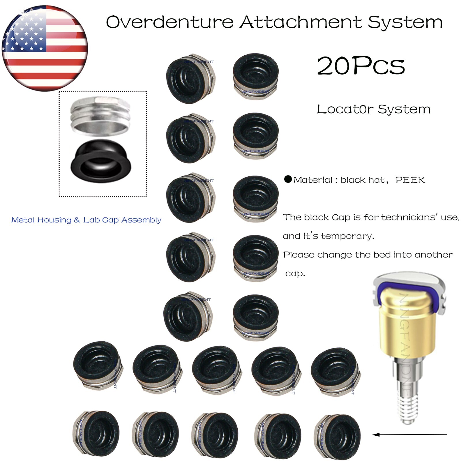 US Overdenture Retention Caps Inserts For Straight Tapered Locators connection