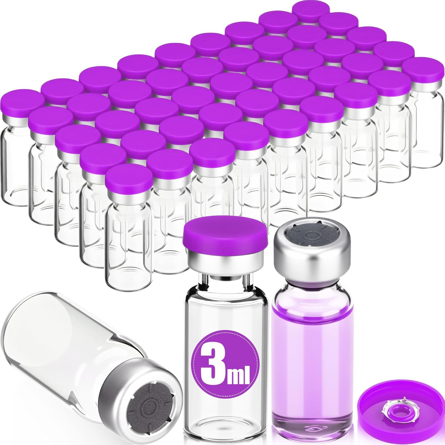 50 Pcs 3Ml Sealed Sterile Empty Vials with Self Healing Injection Port Clear Gla