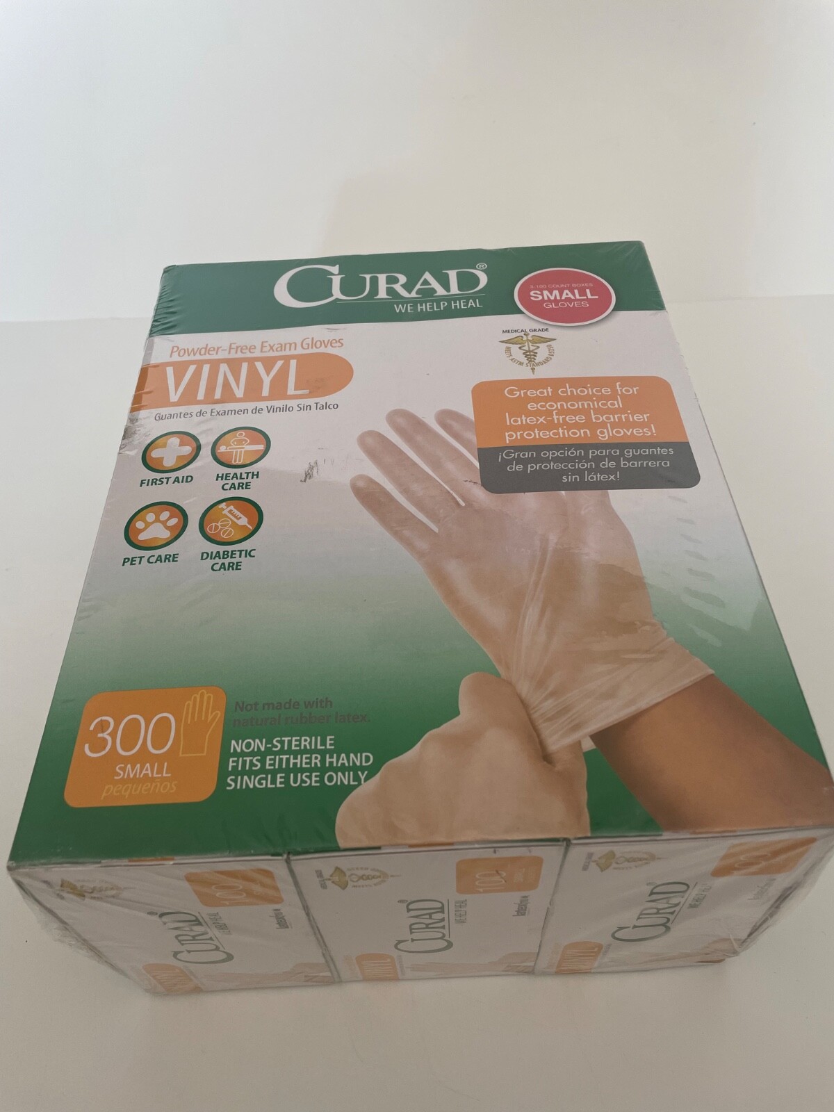300 Count – 3 Boxes of 100 – Curad Vinyl Exam Gloves Size Small Powder Free