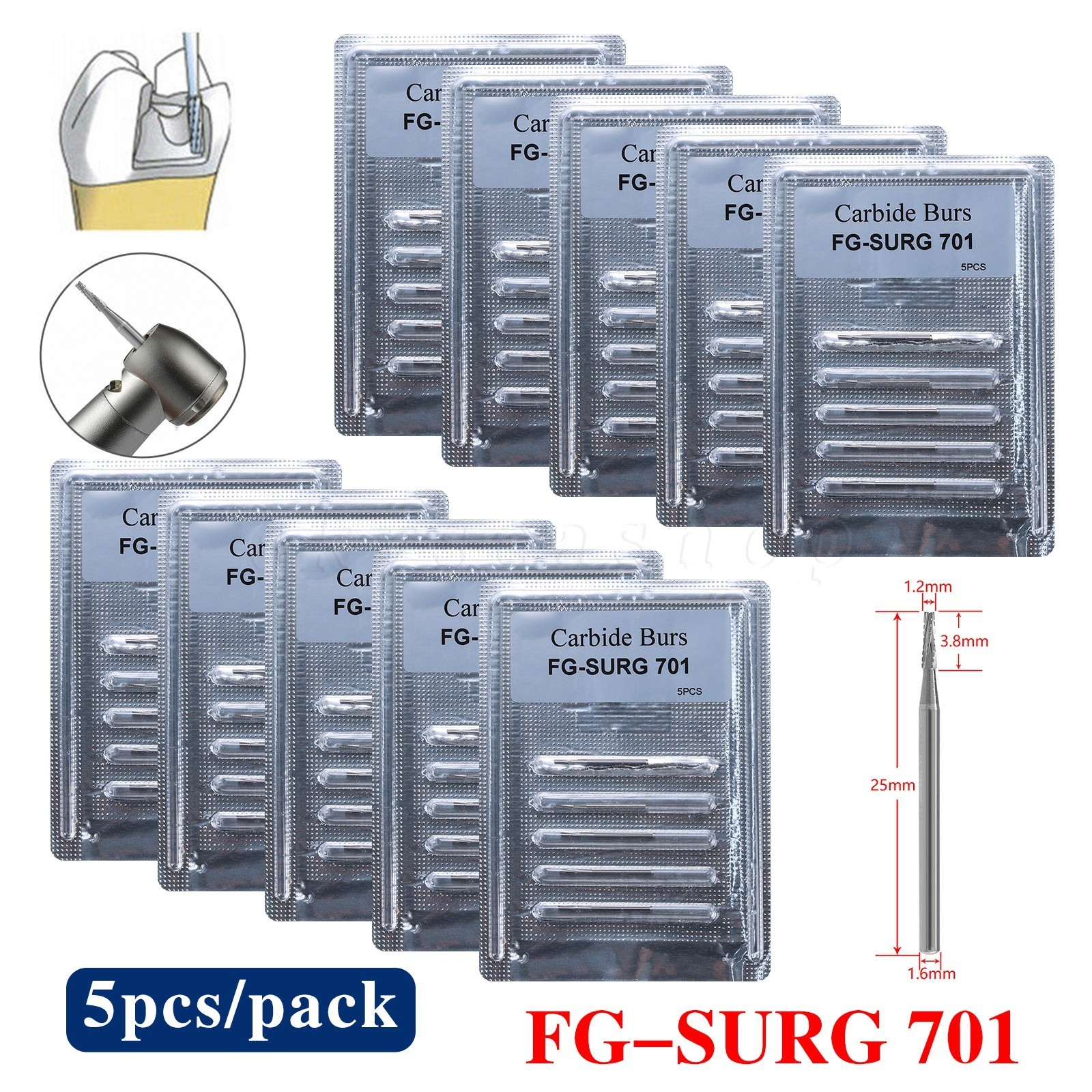 5-100pc Dental Long Shank Surgical Bur FG 701 25mm Tungsten Carbide Midwest FGOS