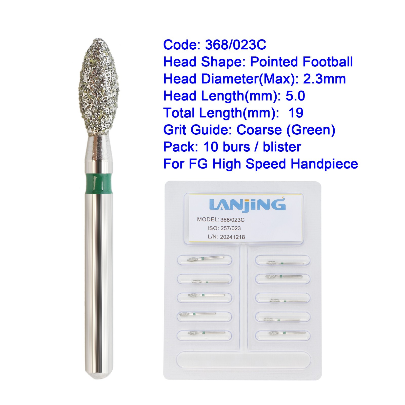 Dental Diamond Burs FG Pointed Football Diamonds Burr Friction Grip Bur 368/023C