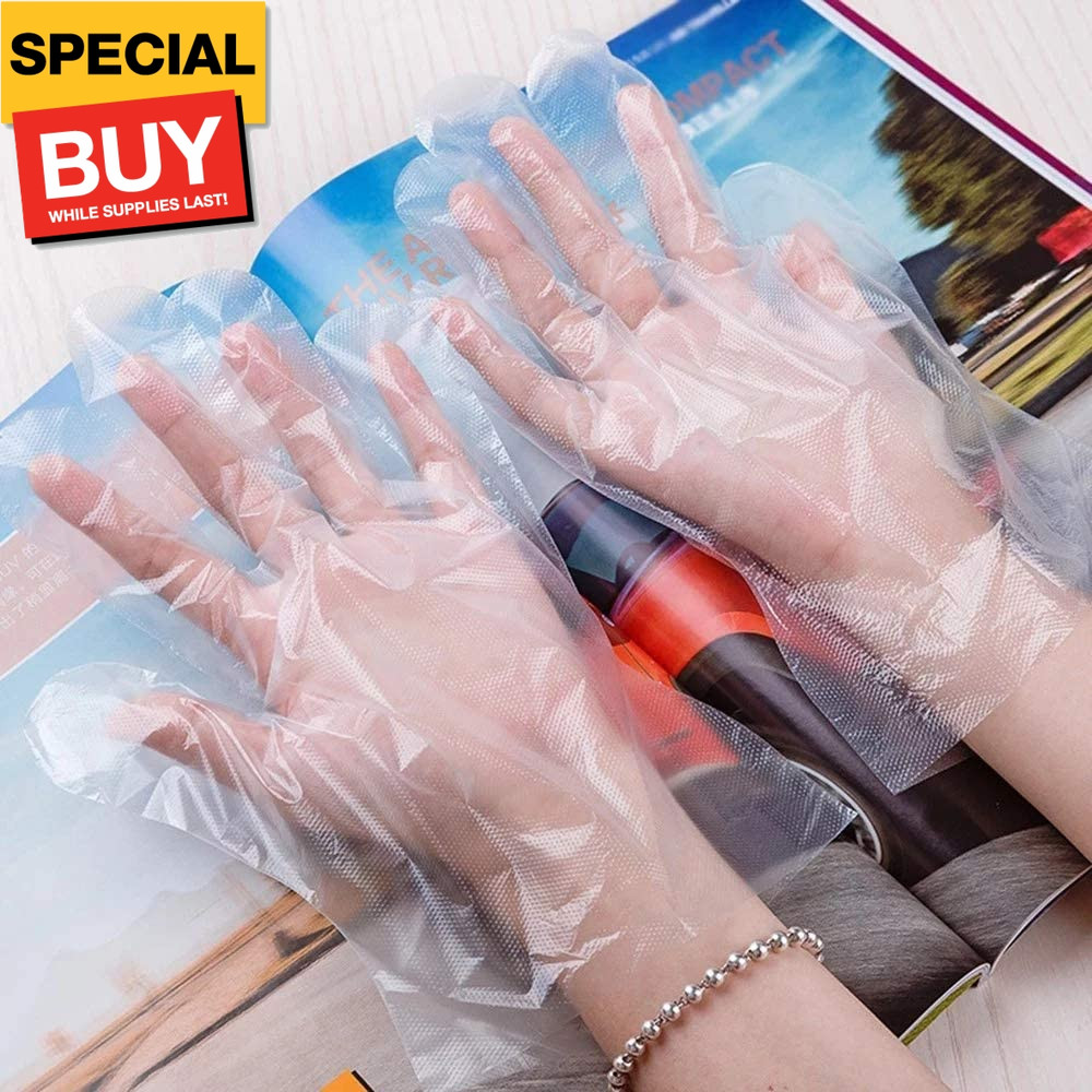 100pcs Disposable Plastic Gloves, Latex Free Powder Free Clear Polyethylene Hand
