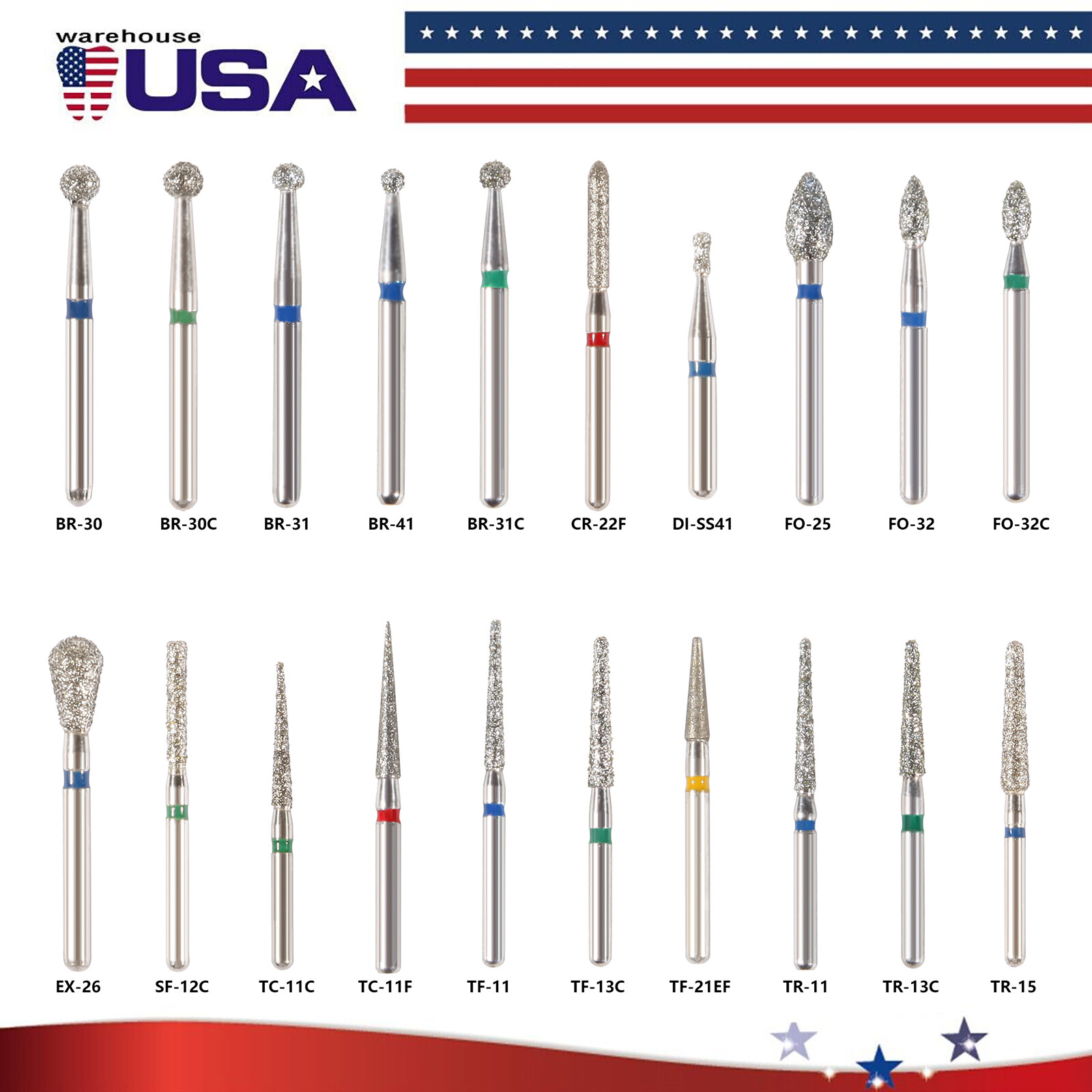 100 pcs Dental Diamond Burs fit High Speed Handpiece Medium FG 1.6mm USA