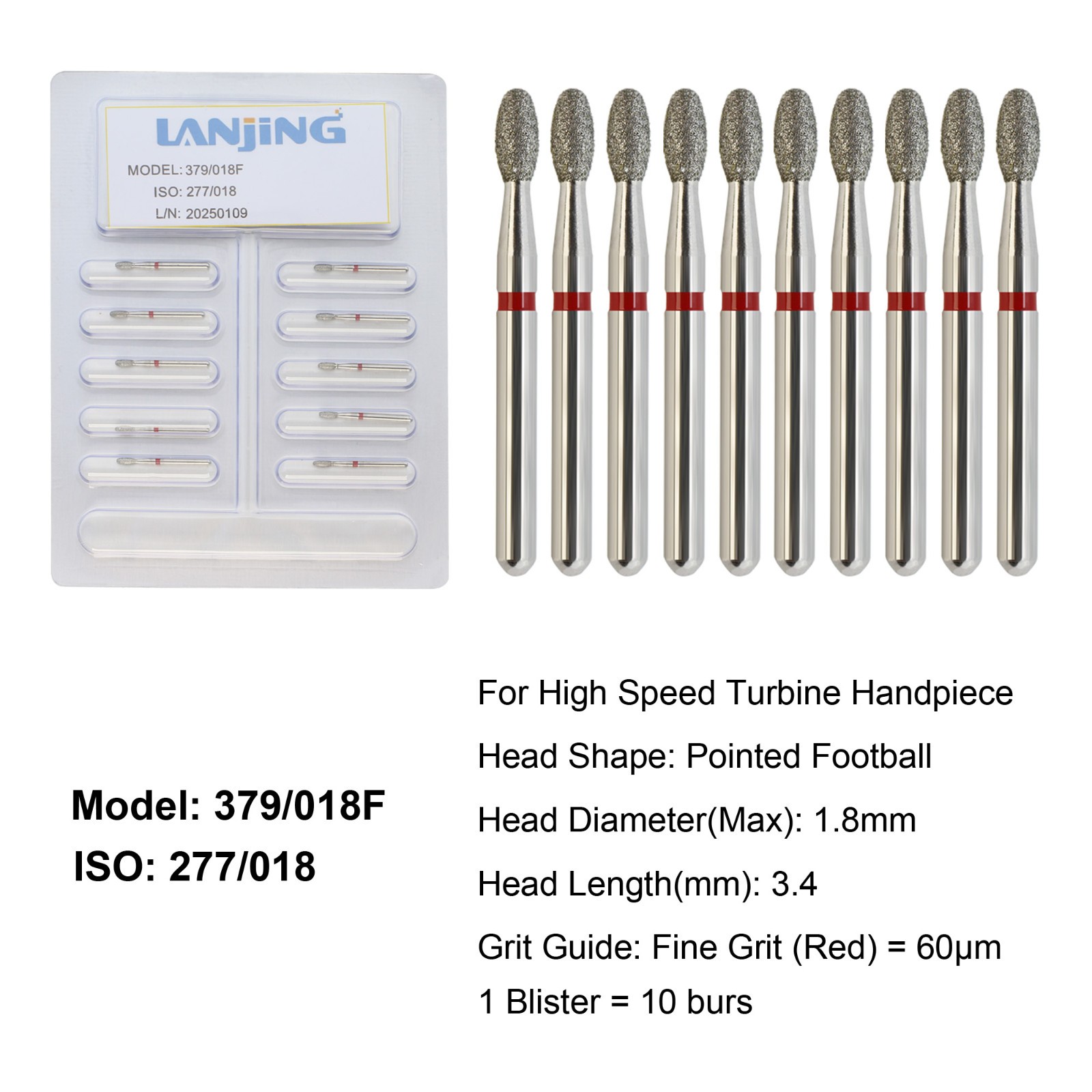 Dental Diamond Football Bur Burs FG Fine Coarse High Speed Friction Grip 379 368