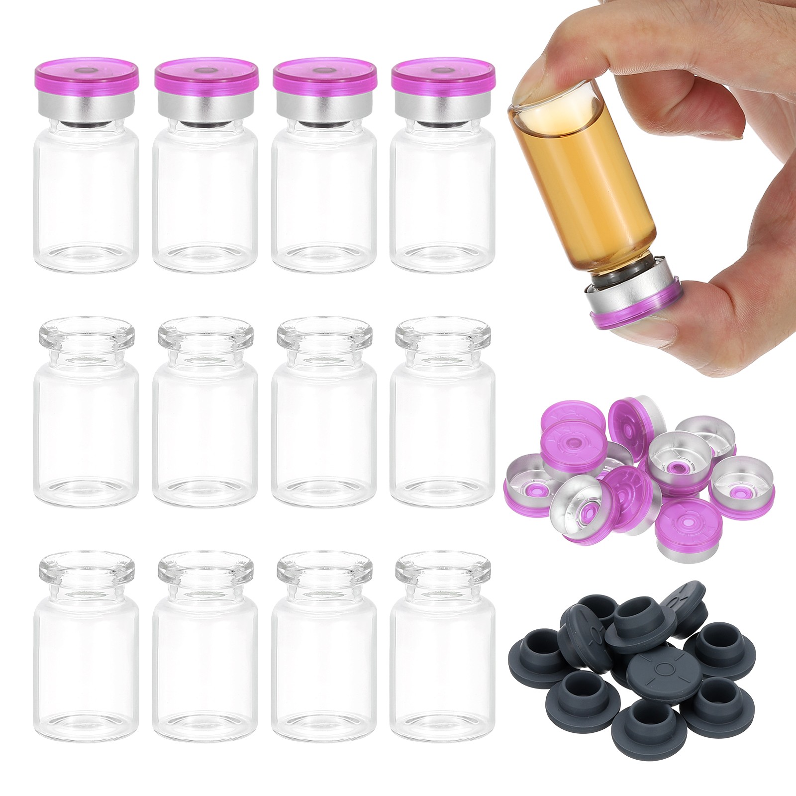 12pcs 7ml Small Clear Glass Vials with Purple Silver Color