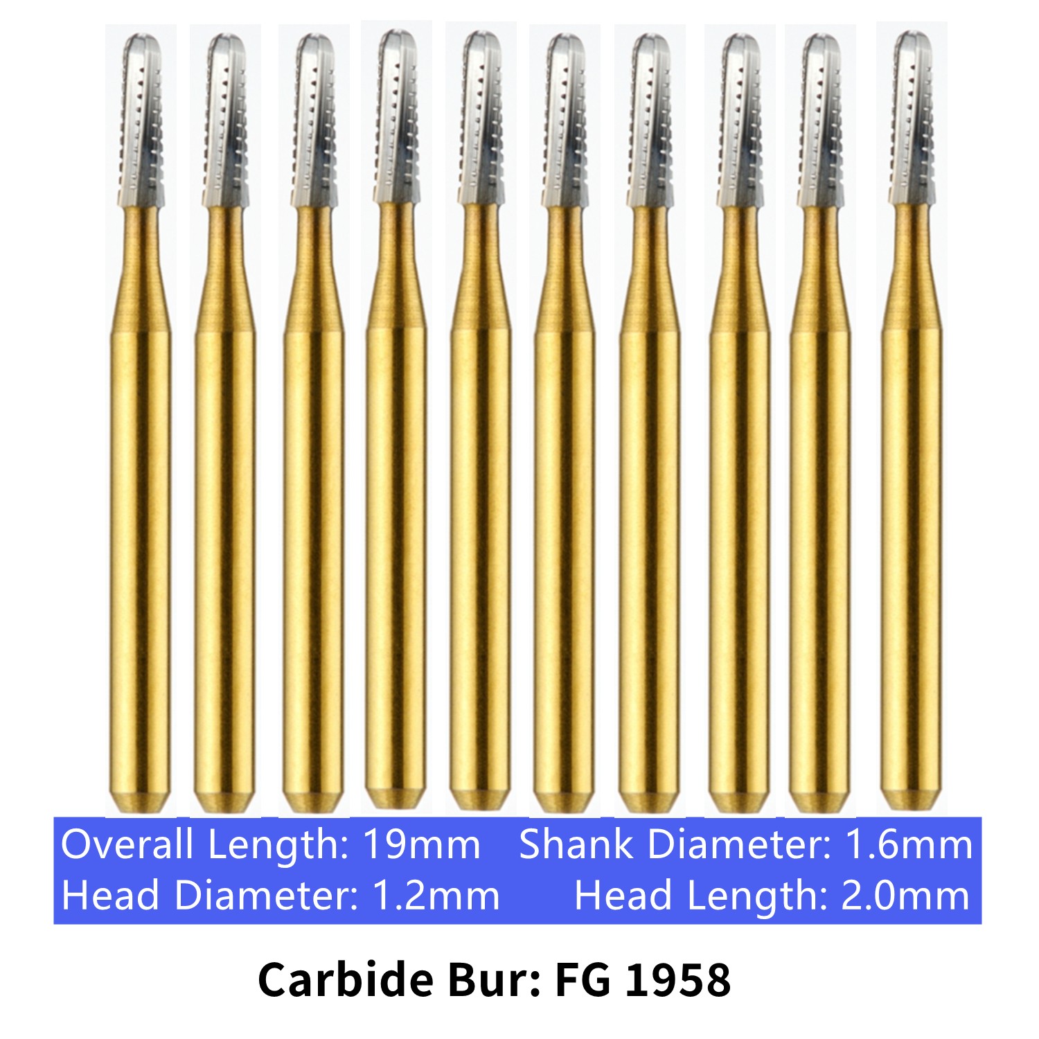 10-100pcs Dental Trimming Finishing Gold Carbide Burs FG 1958 Straight Fissure