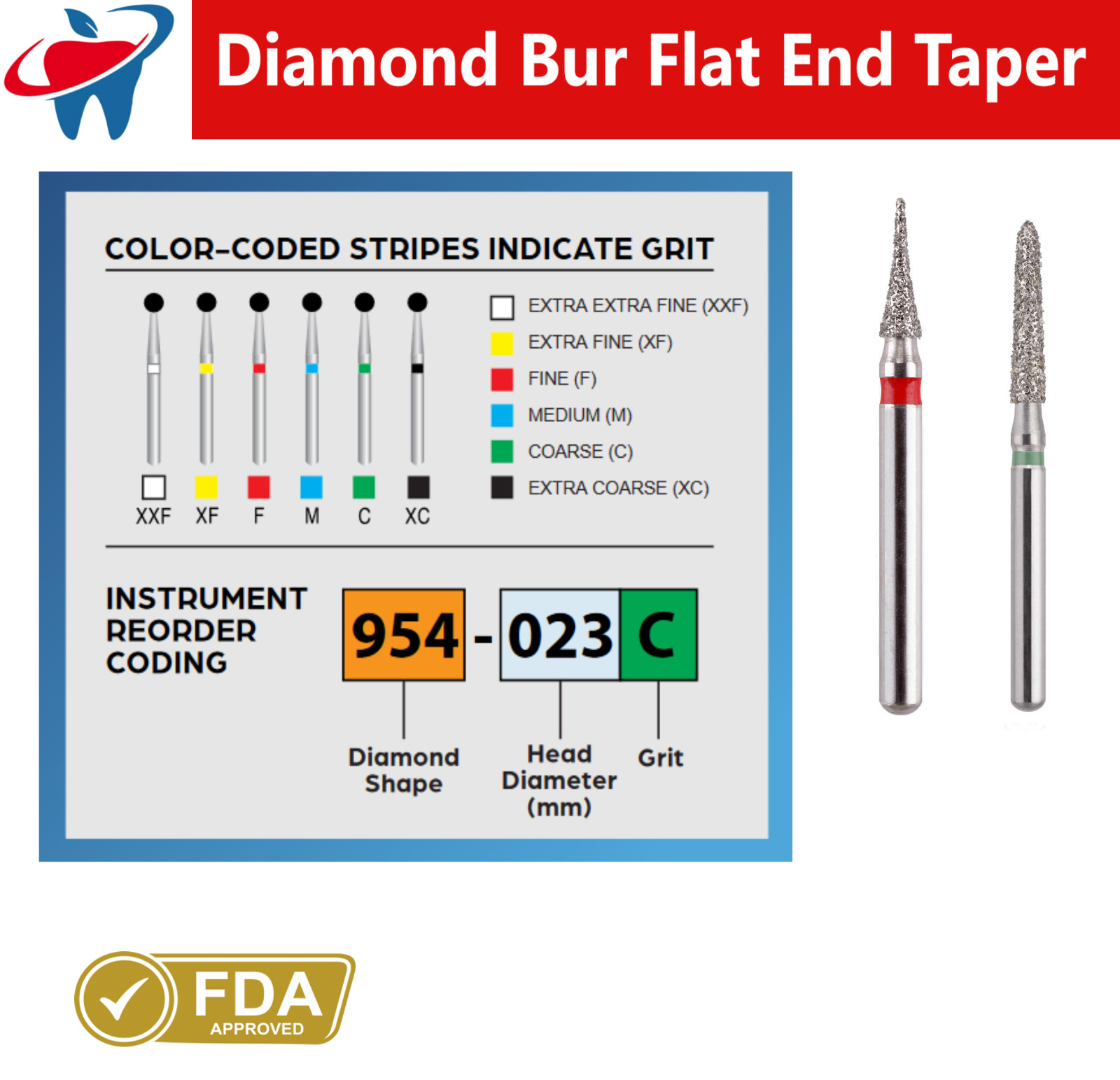 Dental Burs Diamond FG High Speed Bur Round End 801 018M, Medium 5/pk Taper Ball