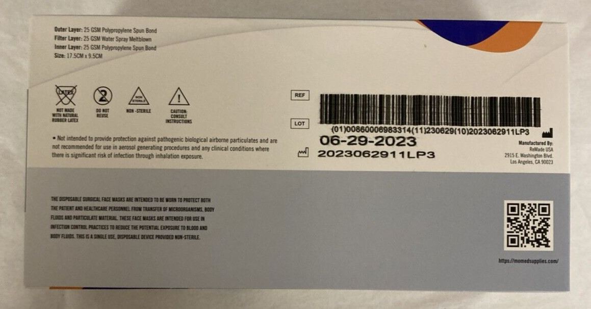 Mo+Med Supplies, Ear-Loop Face Masks, ASTM Level 3, Blue, 50pcs Made in USA