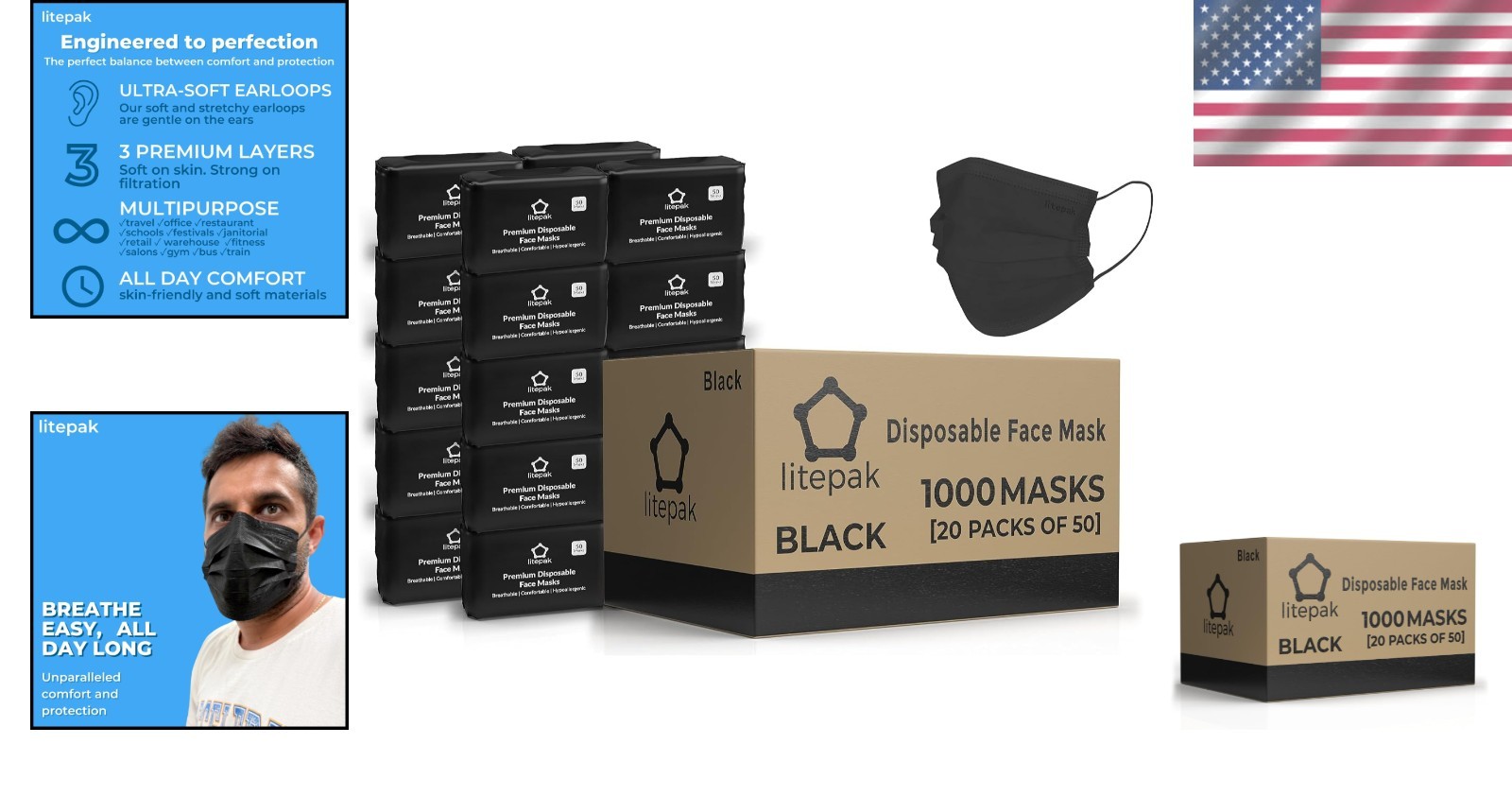 Bulk 1000 Black Disposable Face Masks Adult Lightweight Stretchy Earloop