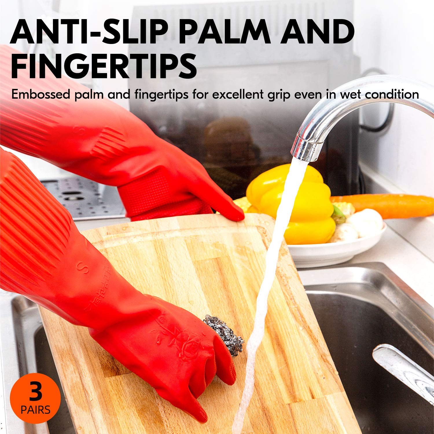 Vgo… 3Pairs Dishwashing Gloves, Reusable Household Gloves, Long Sleeve, Thi…