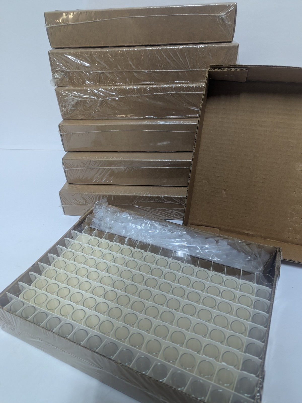 New case 144 glass vials, ~2 inch tall w/ plug seal caps, MADE IN USA