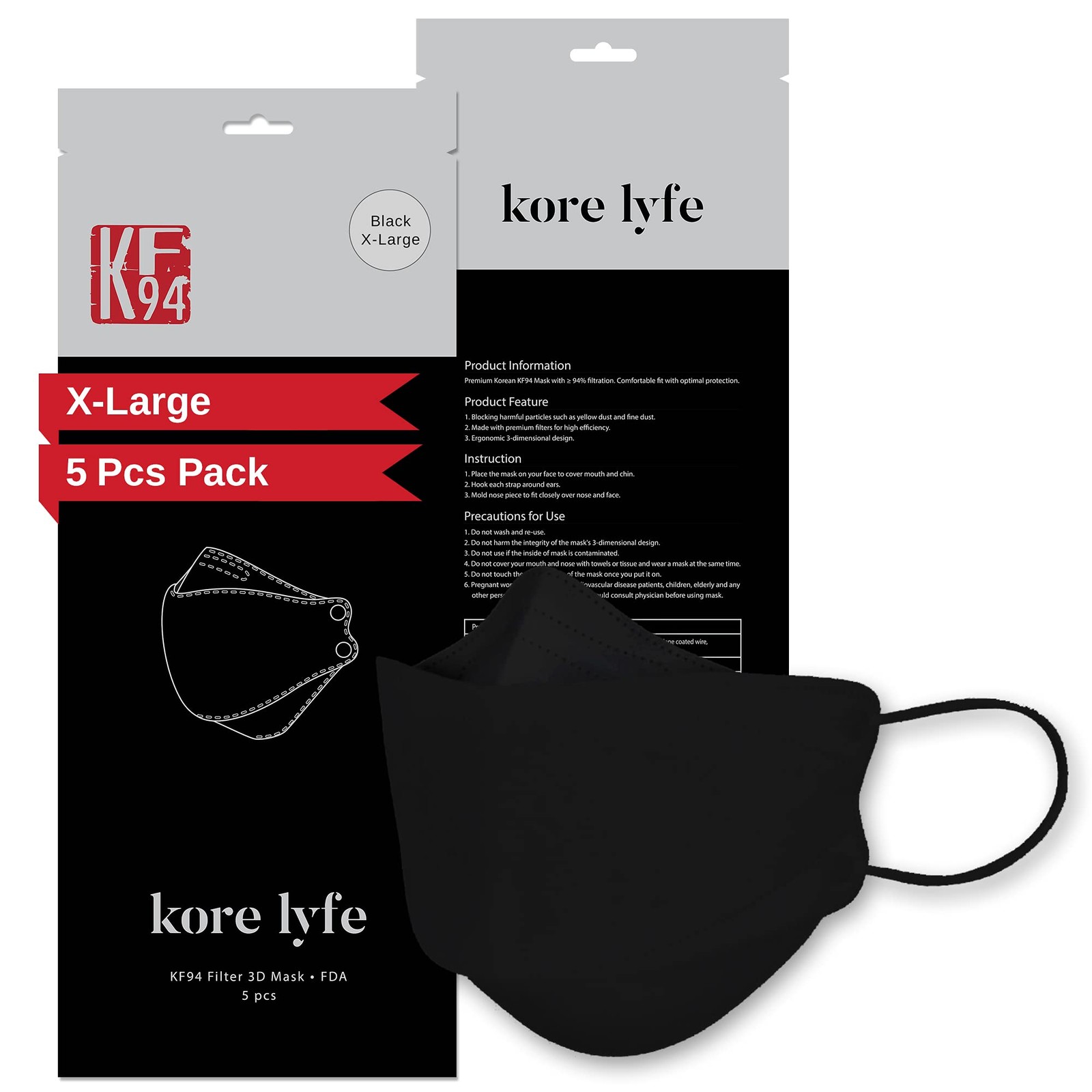 [25 PCS] 25% LARGER KF94 – X-LARGE BLACK – [Made in Korea] – In 5 PCS Reclosa…