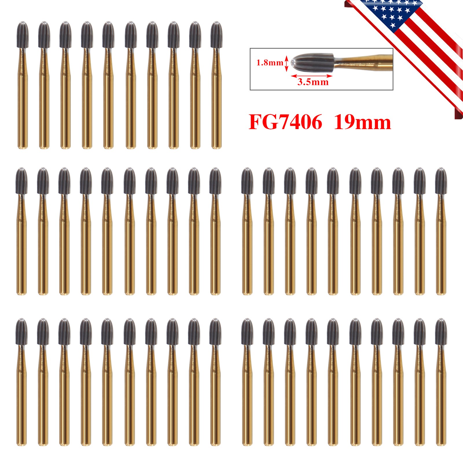 DentalRee FG #7406 12-Blade Egg Shaped Trimming and Finishing Burs, 5 Packs