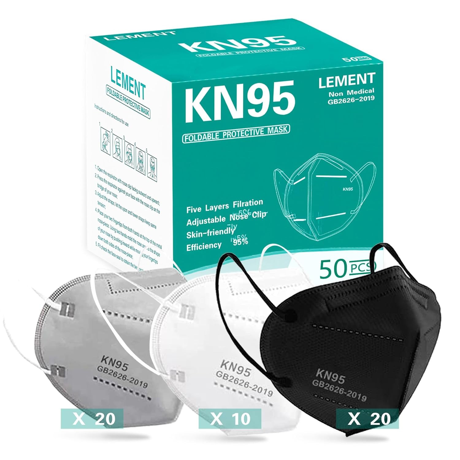 50PCS KN95 Face Mask 5 Layer Breathable with Elastic Earloops Cup Dust Safety Ma