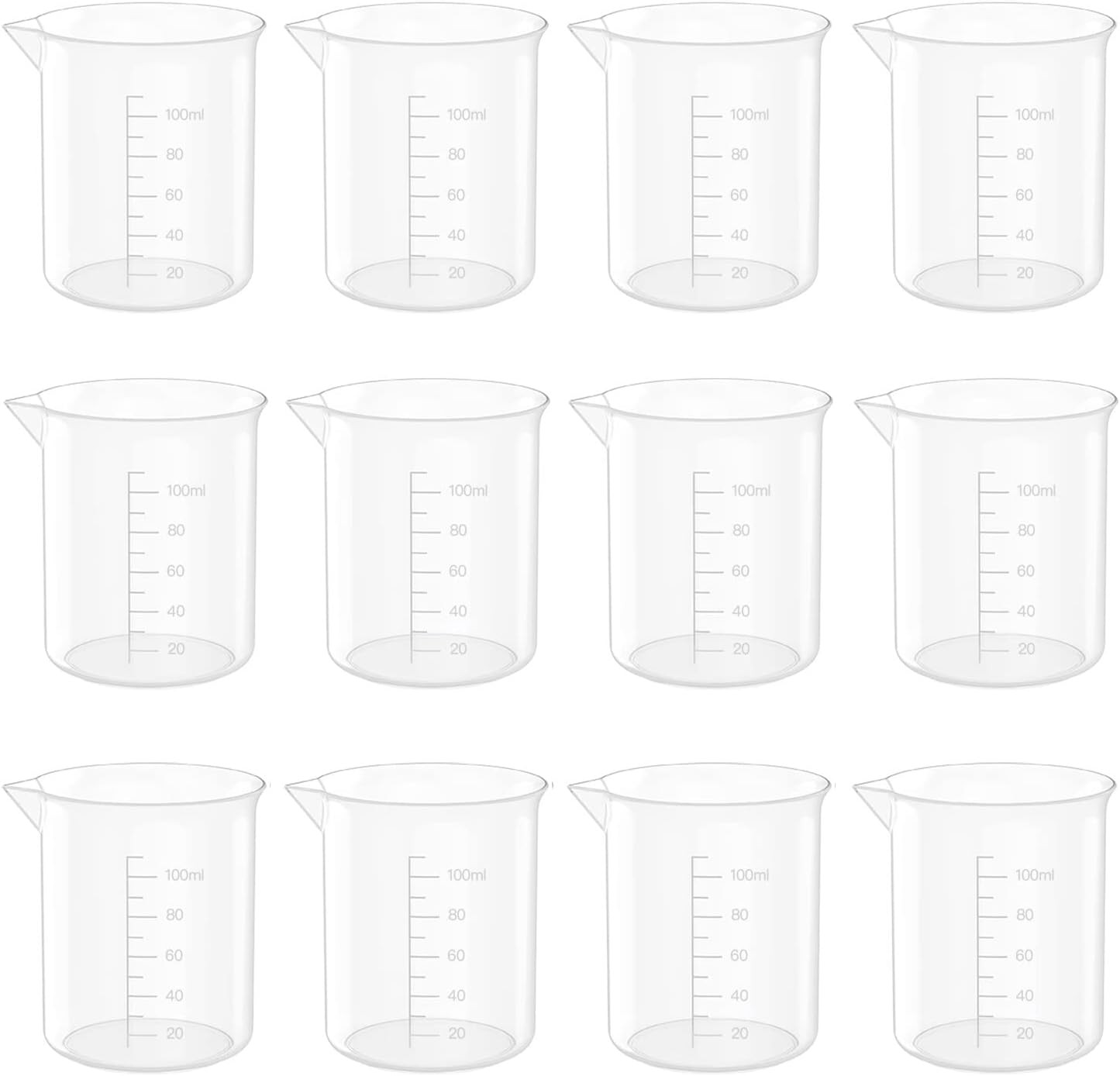 12 Pcs 3.4 Oz Transparent Lab Measuring Cup, 100ml Plastic Beaker Cups, for Scie